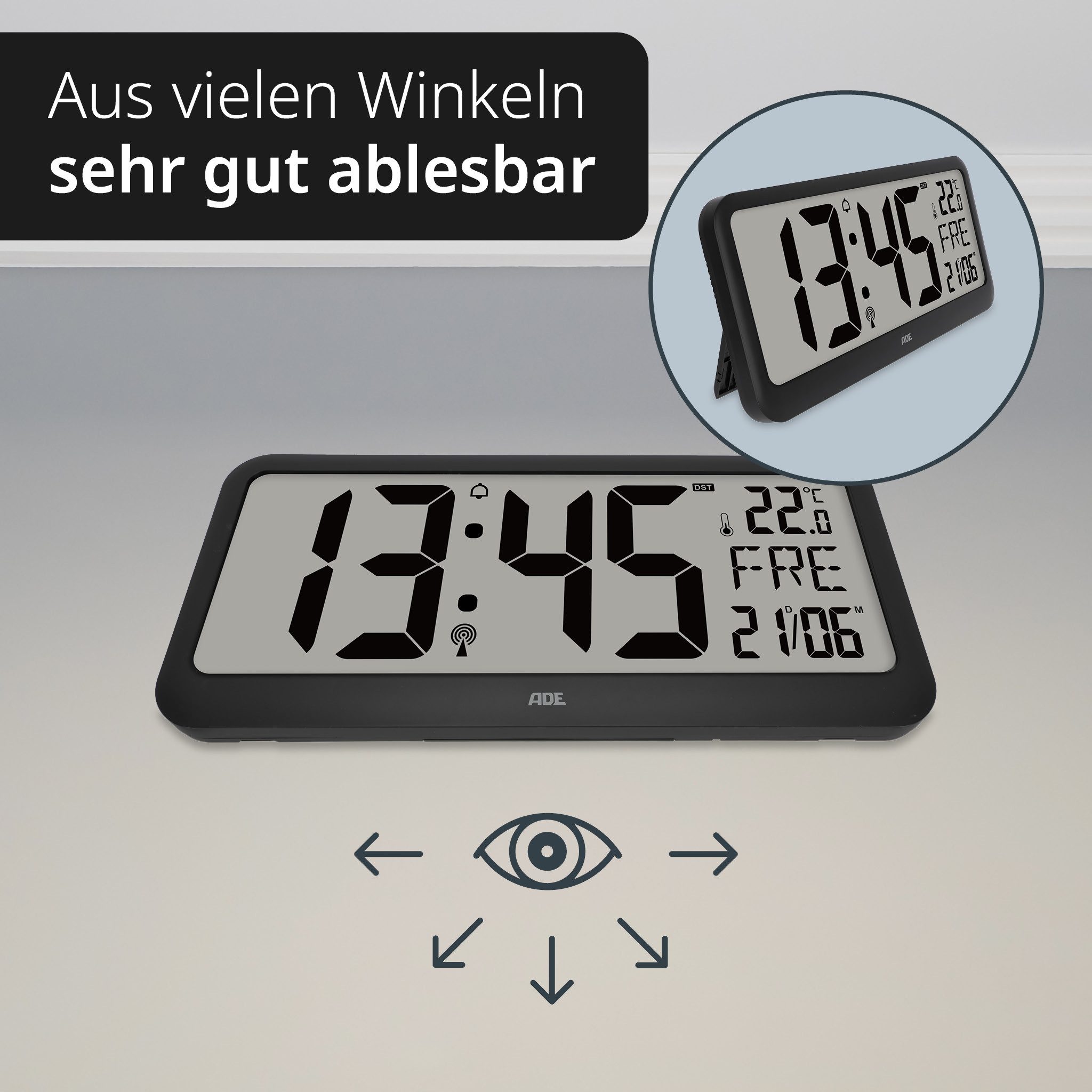 ADE Funkwanduhr Digitale Wanduhr XXL schwarz, zum Aufstellen, mit Alarm, mit Batterie (Temperaturanzeige, lautlos, ohne Tickgeräusche, perfekt für Senioren) – Bild 5 von 5