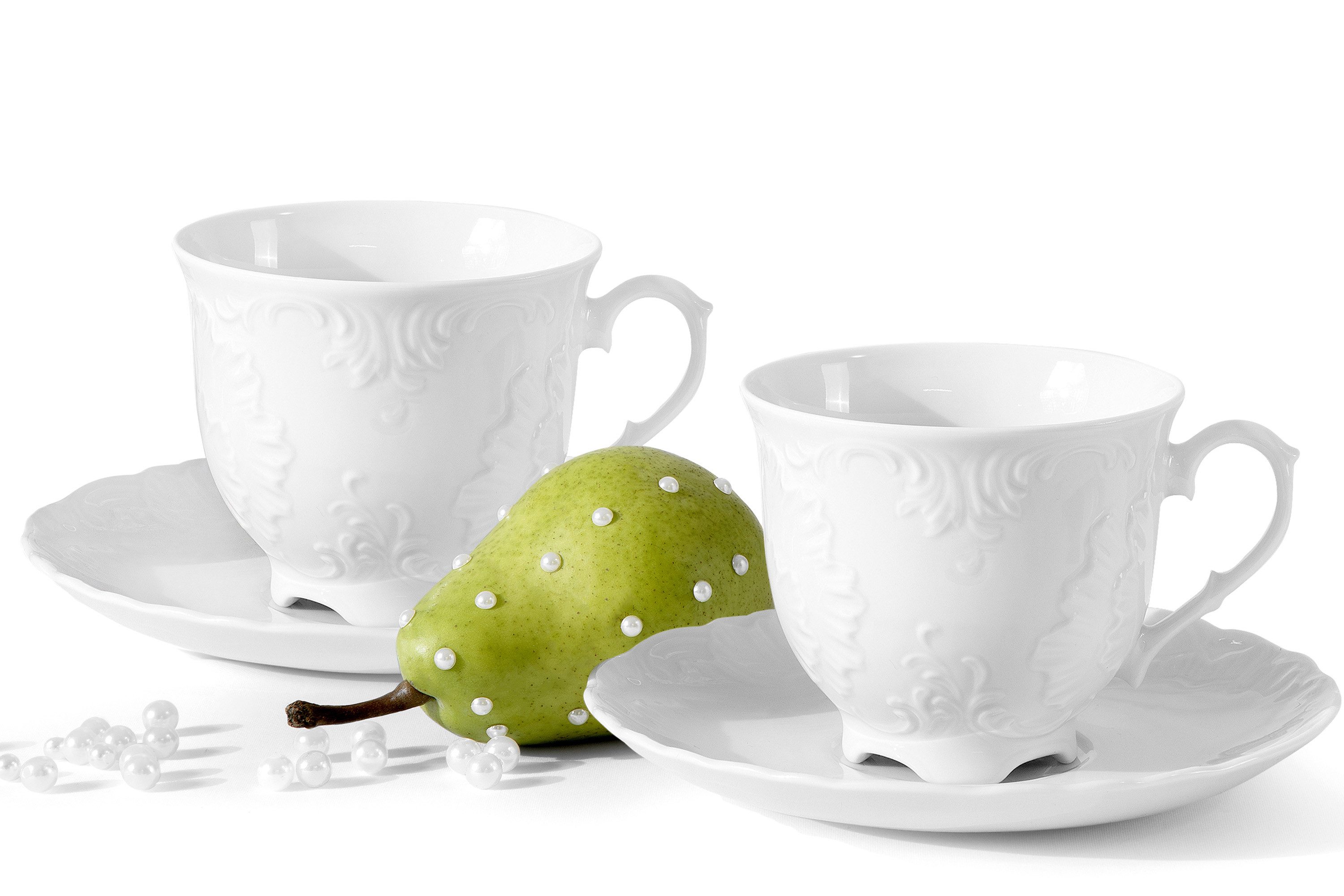 KONSIMO® Kaffeeservice CMIELOW ROCOCO Kaffeetassen-Set für 2 Personen (4-tlg), 2 Personen, Porzellan, spülmaschinengeeignet, mikrowellengeeignet, mit eleganten Verzierungen
