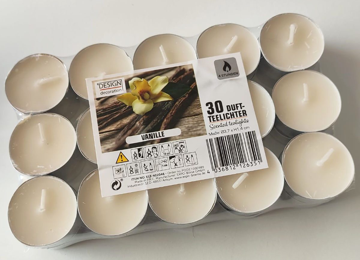 Expo Börse Teelicht 90x Duft-Teelichter Kerzen drei Sorten 4 Stunden Brenndauer (90er Set, 90-tlg., 3x 30 Duft Teelichter), 3 versch. Düfte je 30 Kerzen & Vanile - Apfel/Zimt - Waldbeere