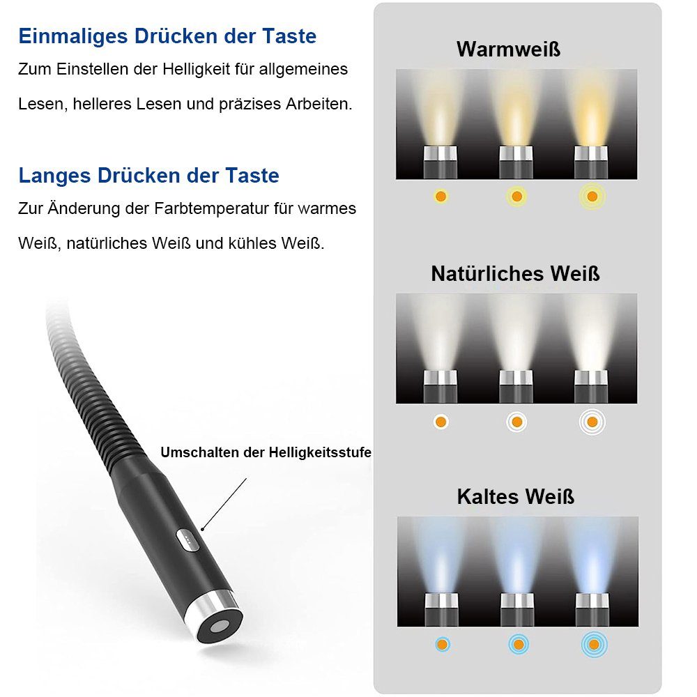 MUPOO LED Leselampe LED Leselampe Nacken,USB-Aufladung,LED Leseleuchte,3 Helligkeiten, Schwarz, 3 Farben,LED Schreibtischlampe,Lesen Stricken Häkeln