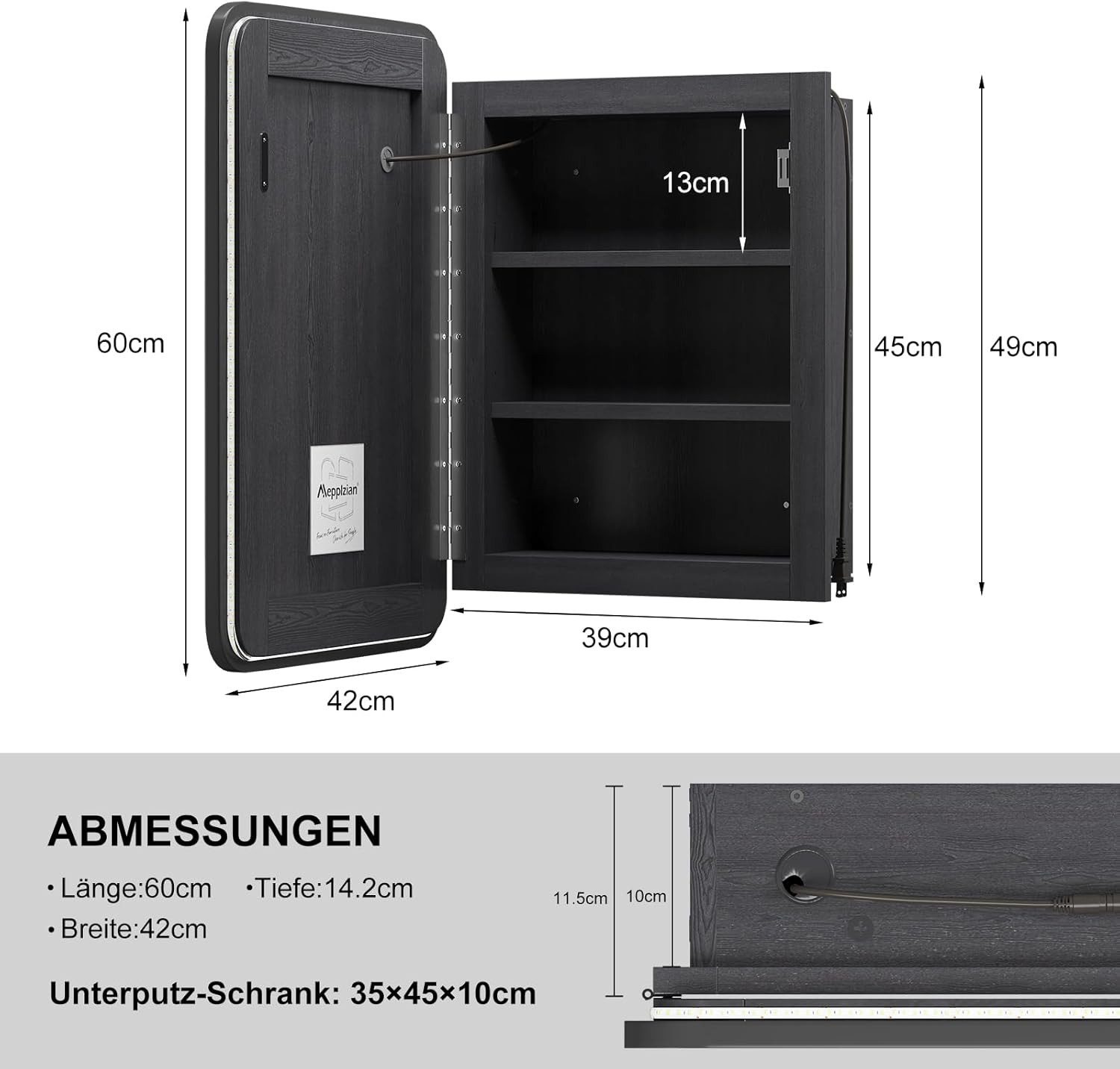 radelldar Badezimmerspiegelschrank Spiegelschrank Bad mit Beleuchtung rechteckig, Wandschrank hängend (1-St) Badschrank schwarz eingelassen mit 3 Ablage