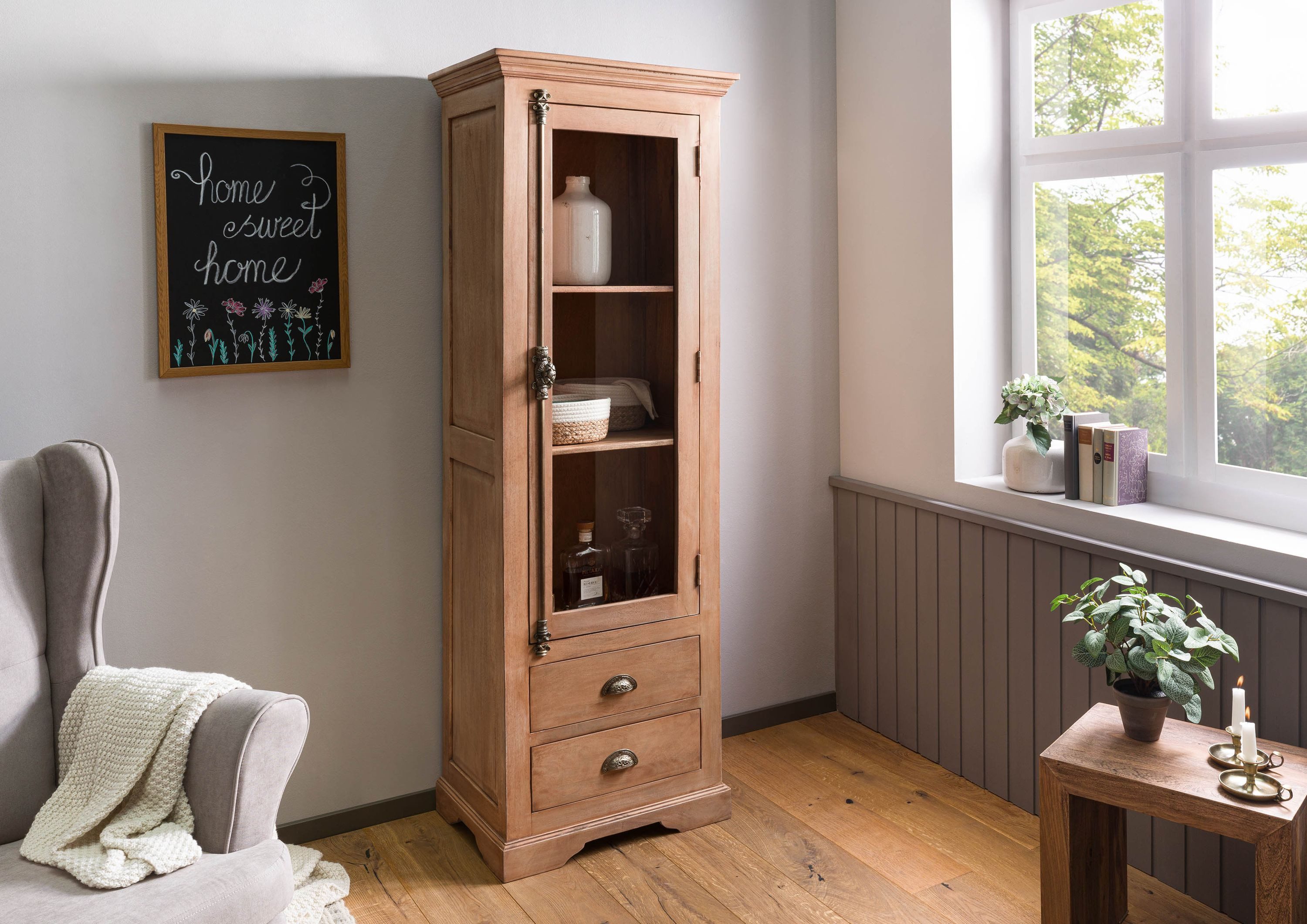 Massivmoebel24 Standvitrine TOULOUSE (Mango 65x45x190 beige geölt TOULOUSE #02) Mango 65x45x190 beige geölt TOULOUSE #02