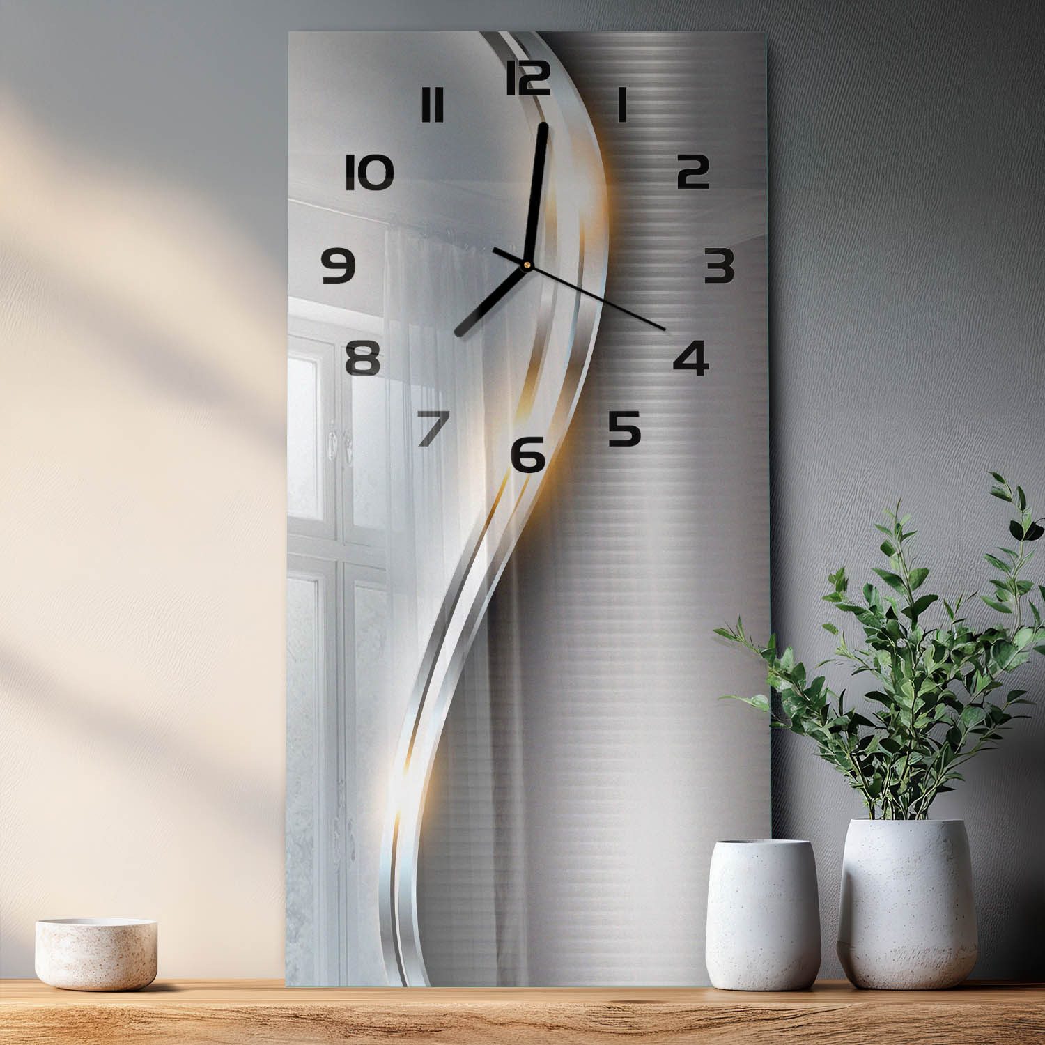Tulup Wanduhr Silberne Welle Moderne Küche Stille Glasuhr 30 cm x 60 cm (Analog, Stille Uhr)