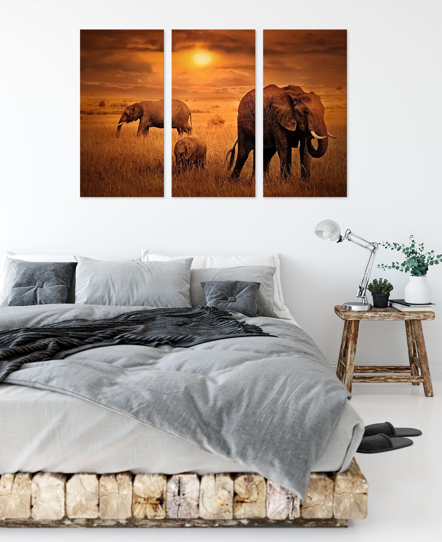 Pixxprint Leinwandbild inkl. in Elefanten bespannt, in fertig der Leinwandbild Zackenaufhänger Savanne, (1 St), 3Teiler Savanne (120x80cm) der Elefanten