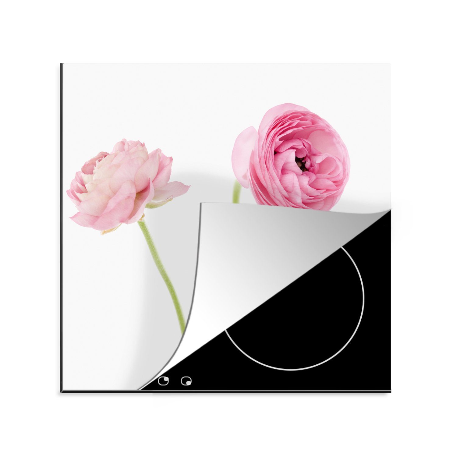 MuchoWow Herdblende-/Abdeckplatte Rosa Butterblumen mit weißem Hintergrund, Vinyl, (1 tlg), 78x78 cm, Ceranfeldabdeckung, Arbeitsplatte für küche