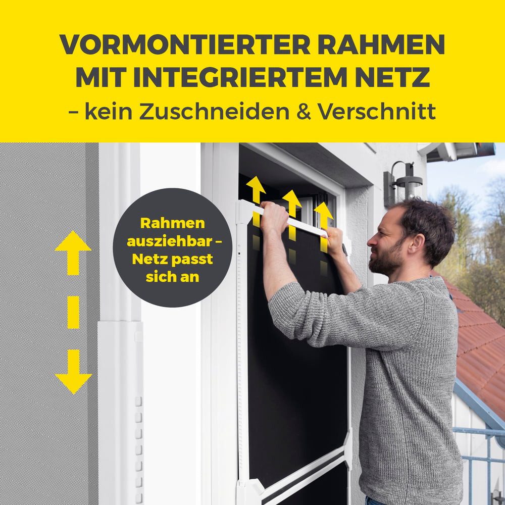 EASYmaxx Insektenschutz-Tür Magic Fit 115x270cm weiß Schwingtür, Schutz vor Mücken Wespen ohne Bohren Zuschneiden schnelle Montage
