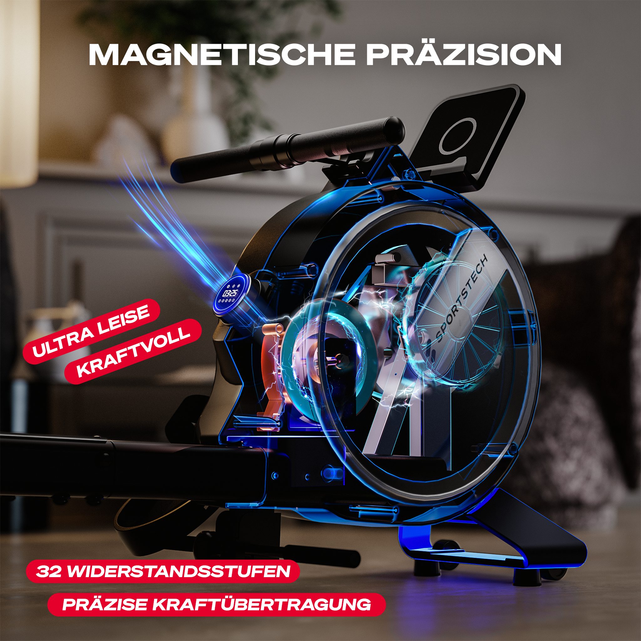 Sportstech Rudergerät SP_PROwer, LED Knob Display, 32 Widerstandsstufen, Tablethalterung