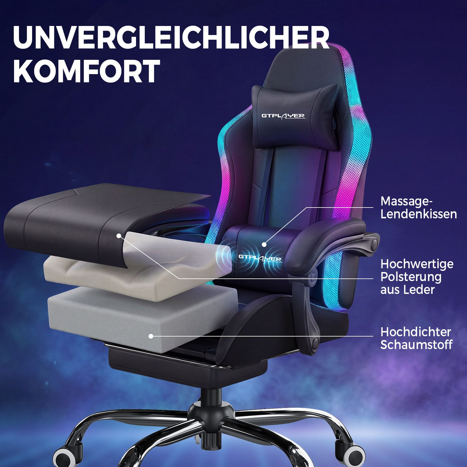 GTPLAYER Gaming-Stuhl Bürostuhl Gaming Chair mit LED Lichtleiste, Gamer Stuhl, Rückenlehne mit Aufbewahrungstasche PC Stuhl mit Fernbedienung – Bild 5 von 5
