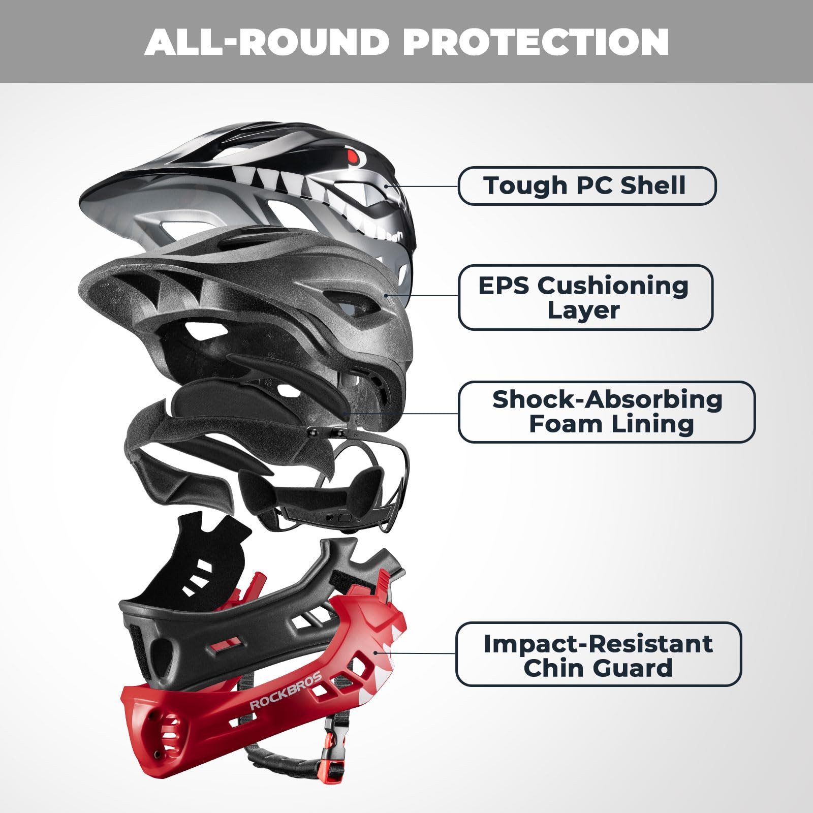 ROCKBROS Kinderhelm Integriert Fahrradhelm Kinder Jugend Fullface Helm, mit Abnehmbarem Kinnschutz BMX MTB Downhill Helm