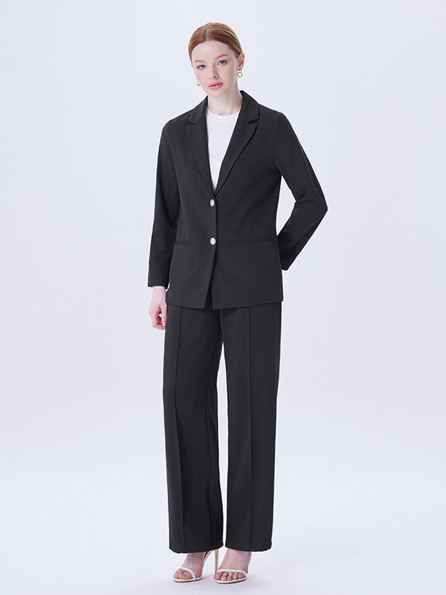 LAPA PLUS Hosenanzug Damen Anzug, eleganter Business-Look, schwarzer klassischer Stil (2-tlg) Langarm-Anzugjacke + Anzughose mit weitem Bein