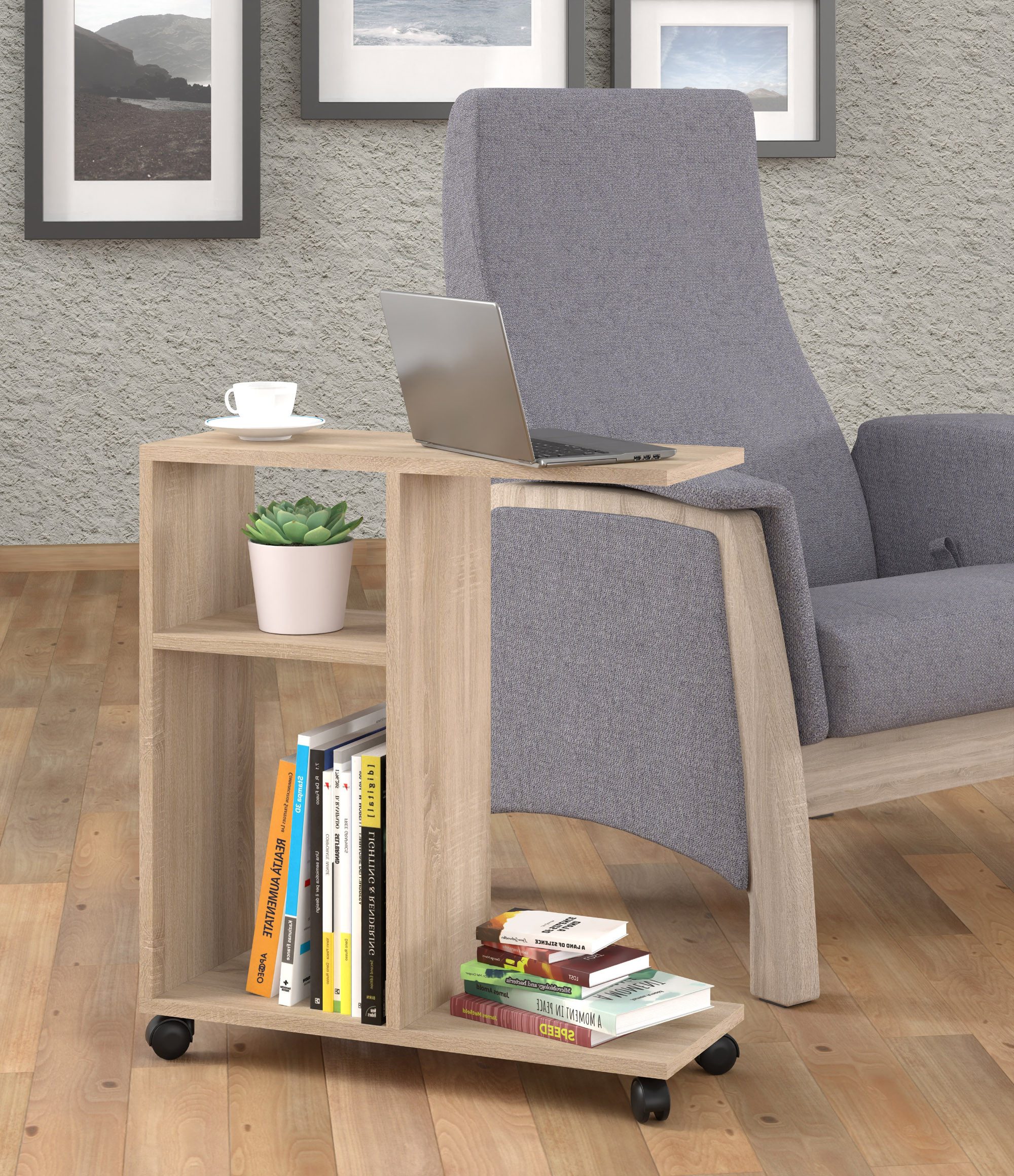 Raumhirsch Furniture Couchtisch Kaffeetisch, Laptoptisch, Beistelltisch auf Rollen (Maße 60 x 22 x 65 (H) cm, einfache Montage), mobil, pflegeleicht, praktisch