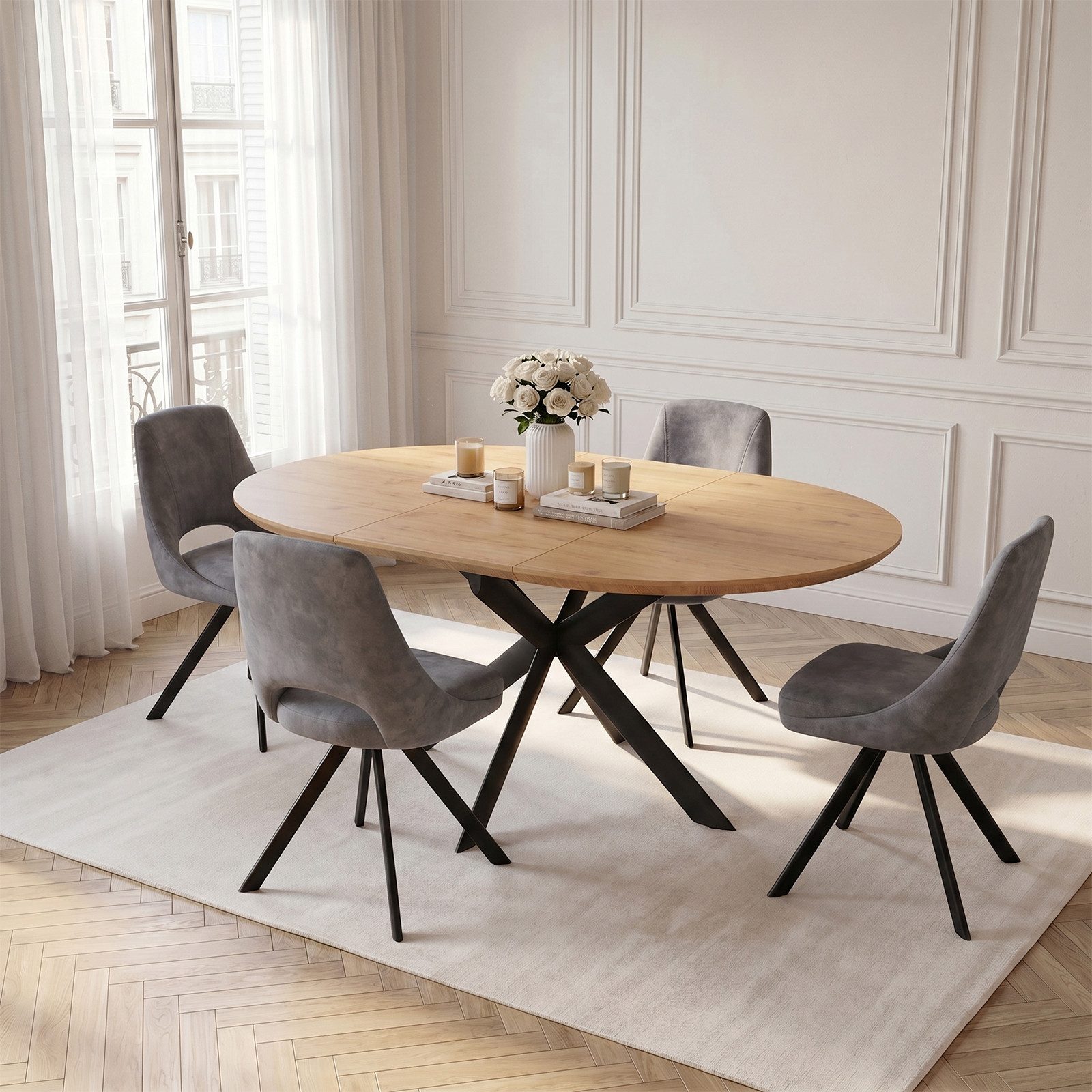 Jiexi Essgruppe Essgruppe rund ausziehbar zu oval MDF Tisch mit Flanell Stühlen