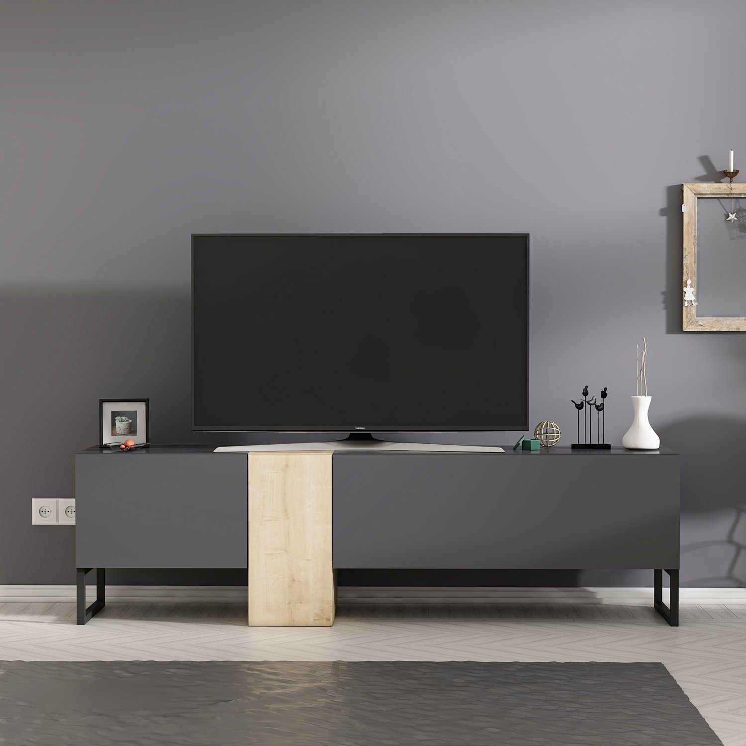modernes grifflosen TV Lowboard Lowboard 9161, Türen Anthrazit in Saphir Saphir Metall mit moebel17 TV-Regal und Füße TV Anthrazit