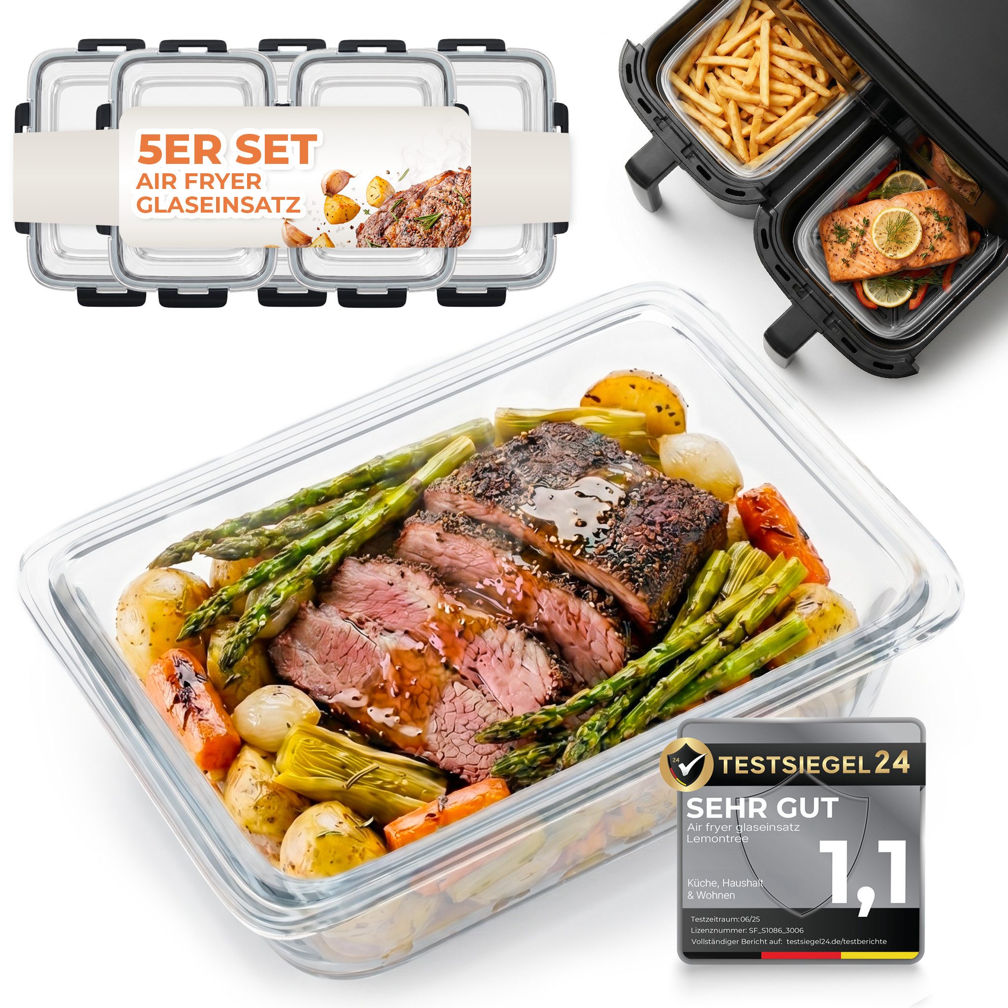 Lemontree Küchenmaschinen Zubehör-Set Glasbehälter für Airfryer –Airfryer Zubehör BPA-frei spülmaschinenfest, Zubehör für Alle gängigen Airfryer, Heißluftfritteusen, Mikrowellen, Öfen & Gefrierschränke, Vorratsdosen Set hitzebeständig bis 300°C - Ersatz f