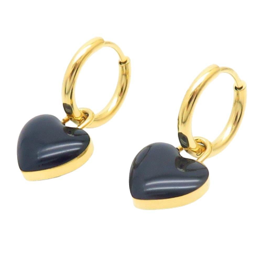 BUNGSA Creolen-Set Creolen mit Herz-Anhänger verschiedene Farben gold aus Edelstahl Damen (1 Paar (2 Stück), 2-tlg), Ohrschmuck Ohrringe schwarz