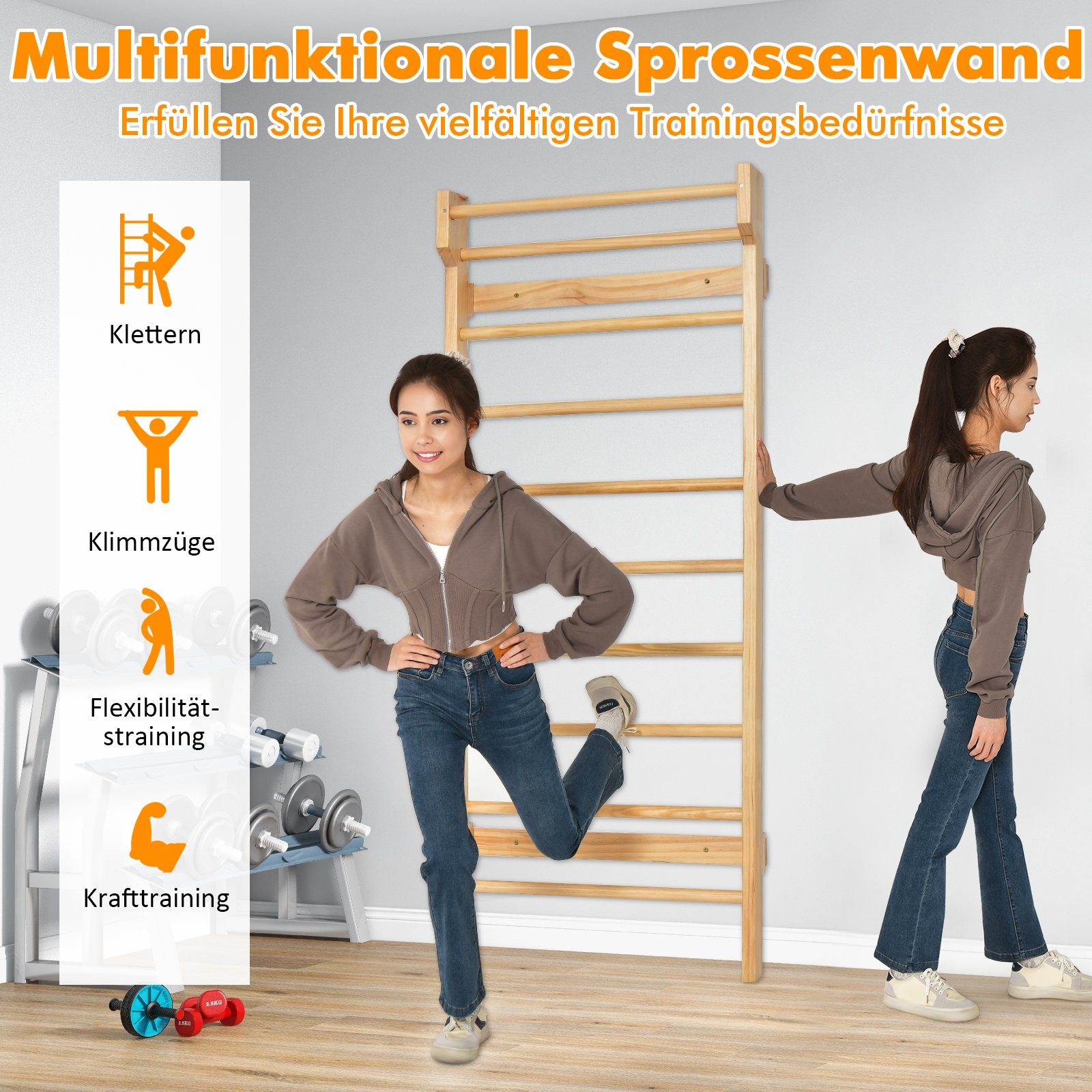 COSTWAY Sprossenwand Turnwand, bis 150 kg, mit Klimmzugstange Holz