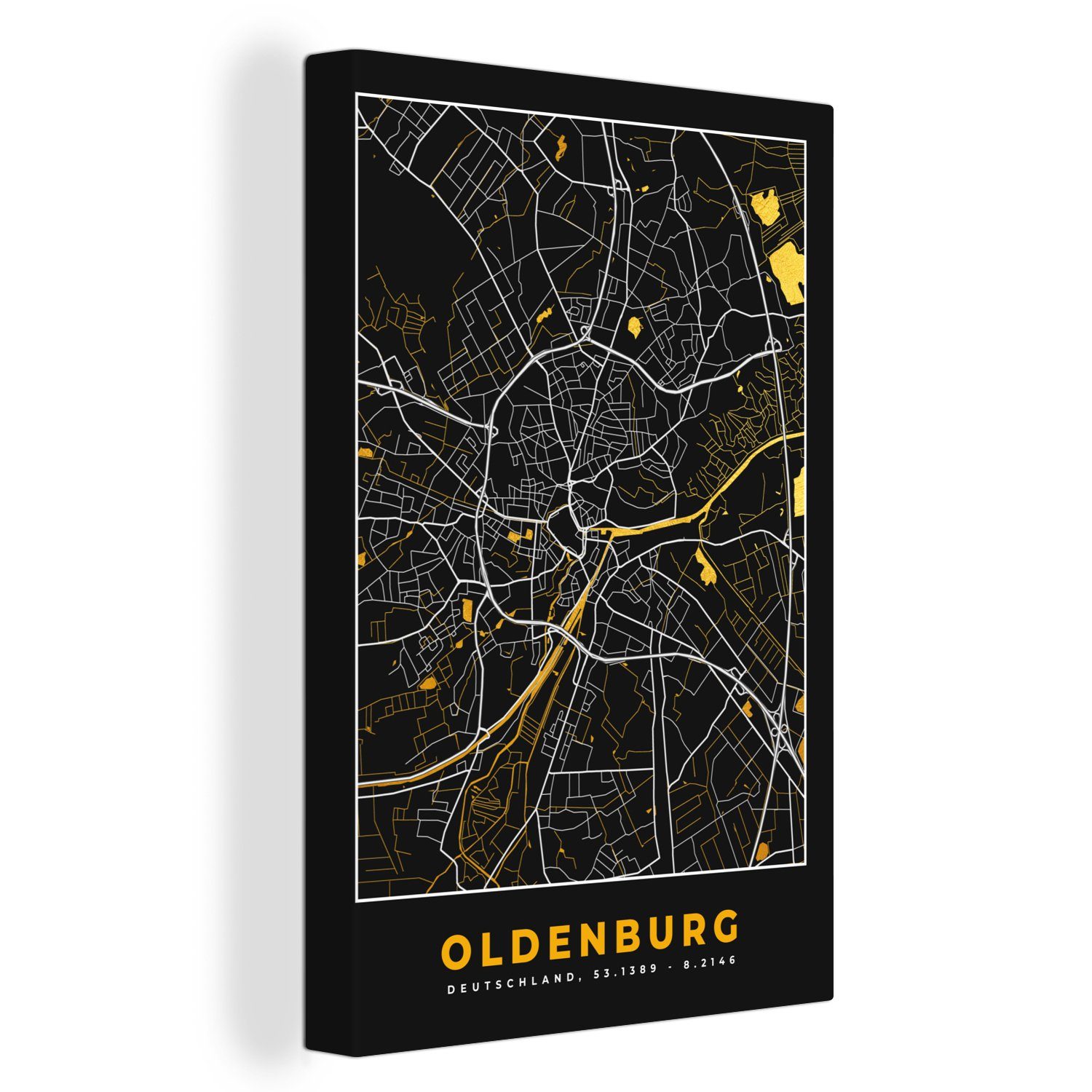 Leinwandbild 20x30 Oldenburg Deutschland (1 fertig Karte, Leinwandbild bespannt - - - St), Gemälde, Stadtplan Gold Zackenaufhänger, - cm OneMillionCanvasses® inkl.