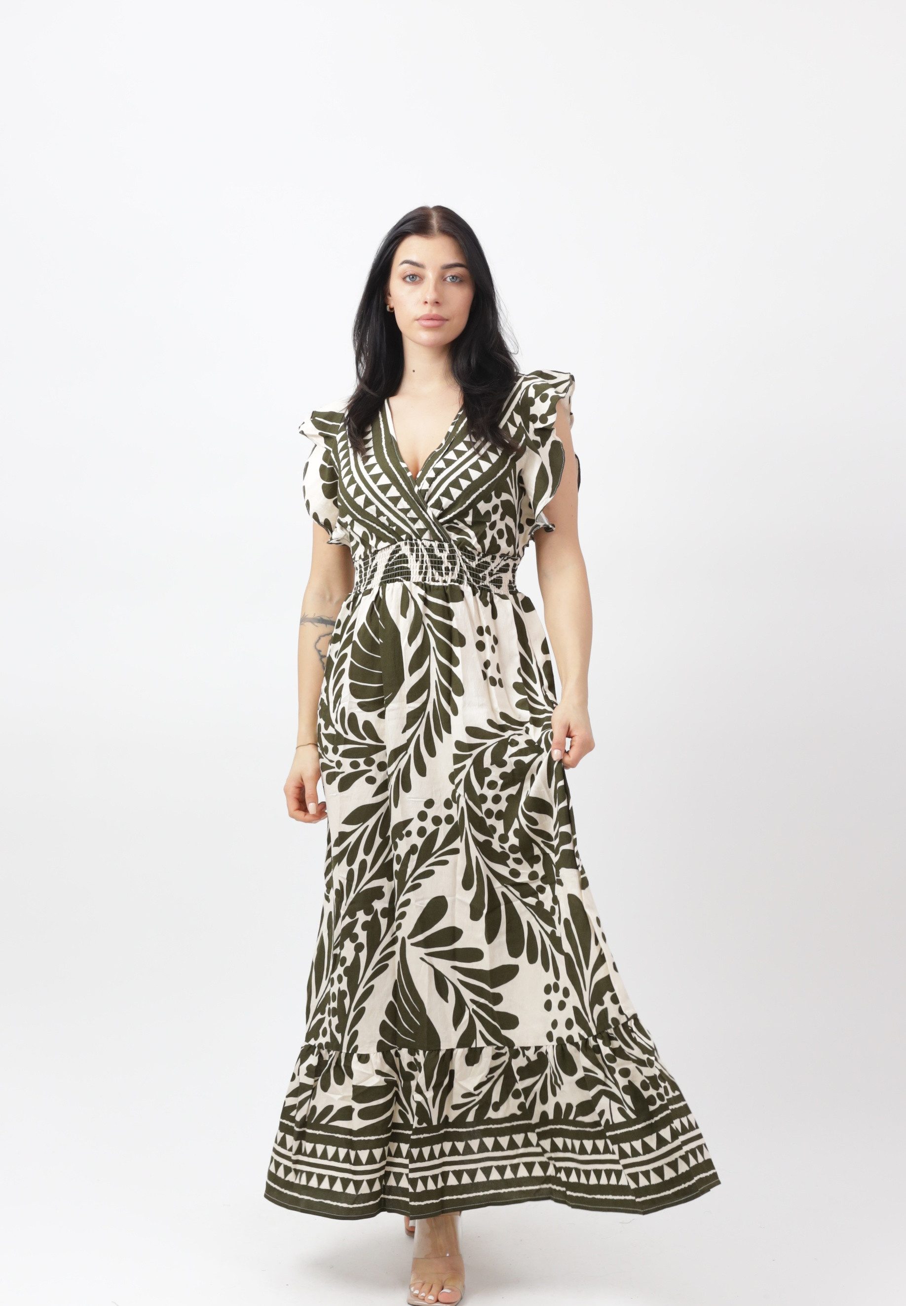 Maxikleid Damen Kleid mit Volants und Musterprint – Sommerkleid Elegant