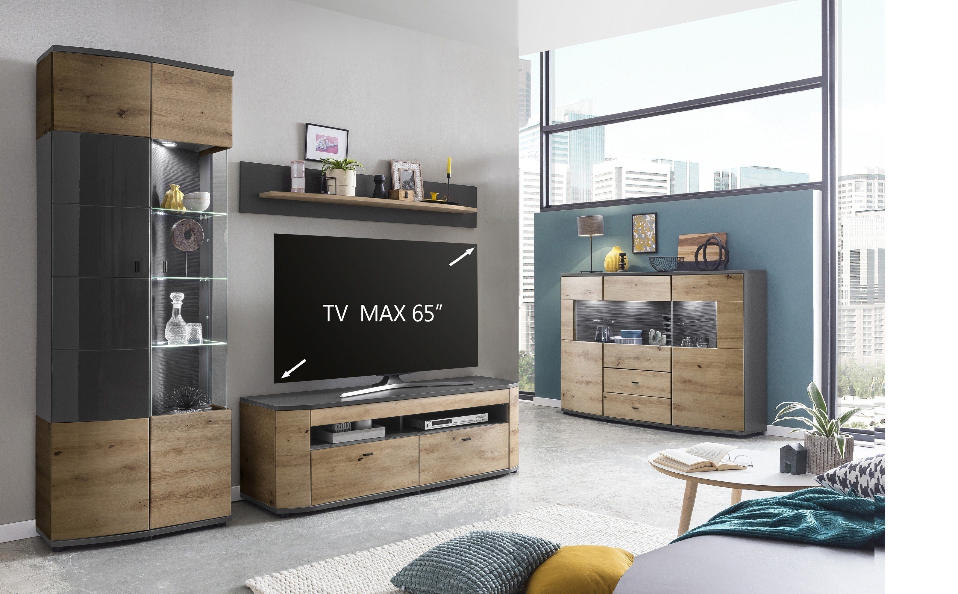 Forestdream Wohnwand in Dekor Artisan Eiche/Anthrazit Hochglanz, (BxHxT: 235x200x46,4 cm)