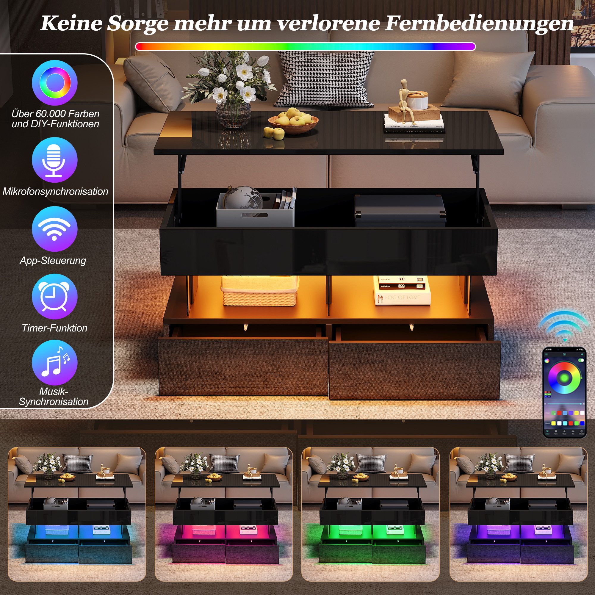 Merax Couchtisch anhebbarer Sofatisch mit LED-Beleuchtung (1-St., 120 x 50 x 46 cm), Wohnzimmertisch mit 2 Schubladen, Ablagefach & verstecktem Stauraum – Bild 4 von 5