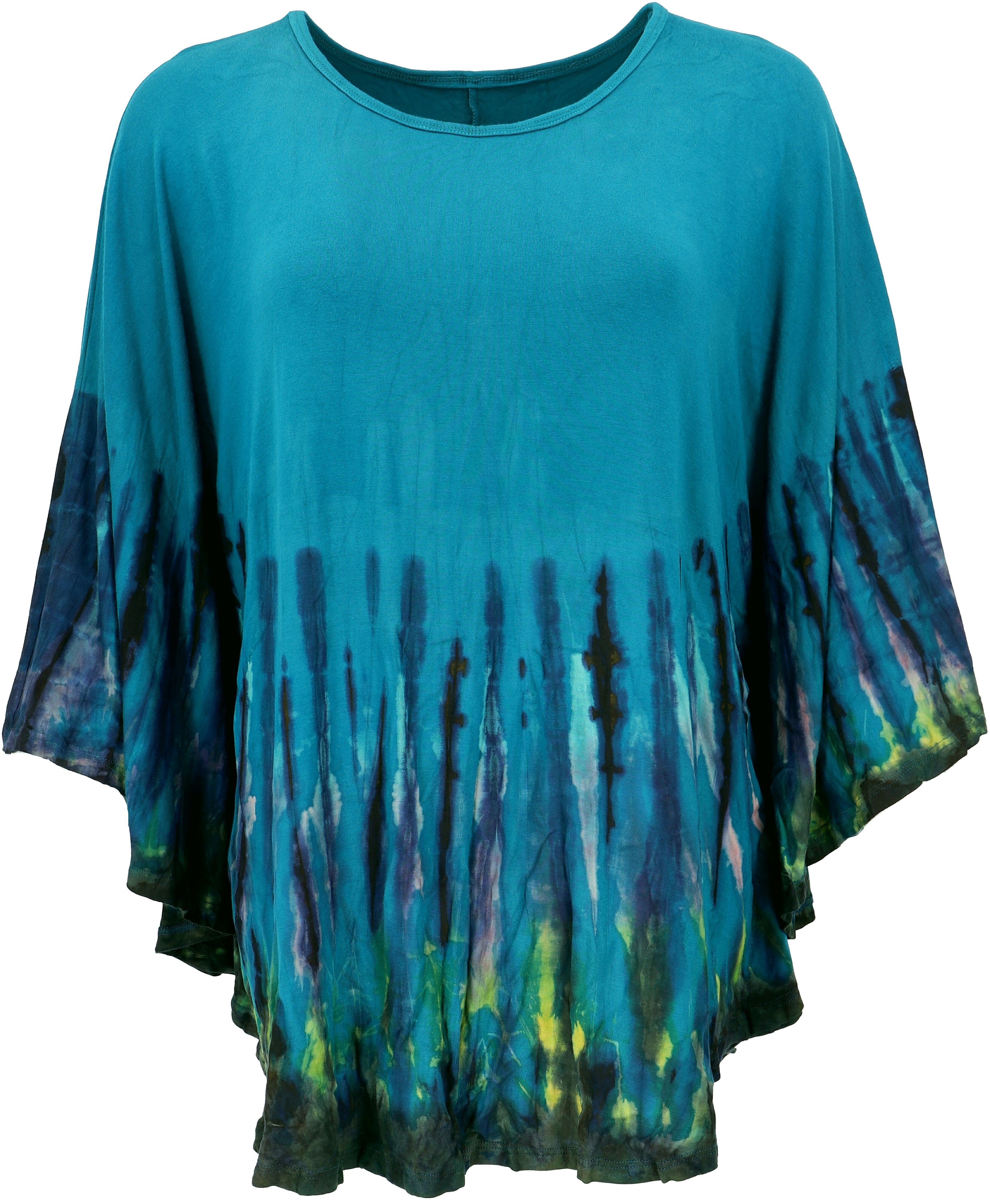 Guru-Shop Longbluse Batik Poncho, -.. Kaftan, Maxibluse Tunika, Bekleidung petrol/blau Boho alternative