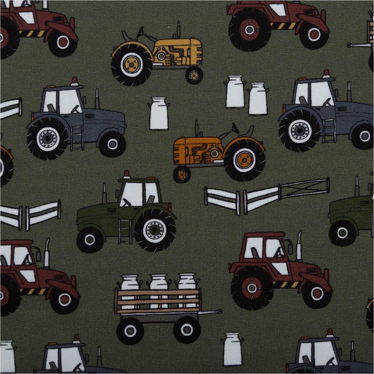 Swafing Stoff Jerseystoff Meterware Baumwolljersey Theo Traktor khaki grün bunt, allergikergeeignet