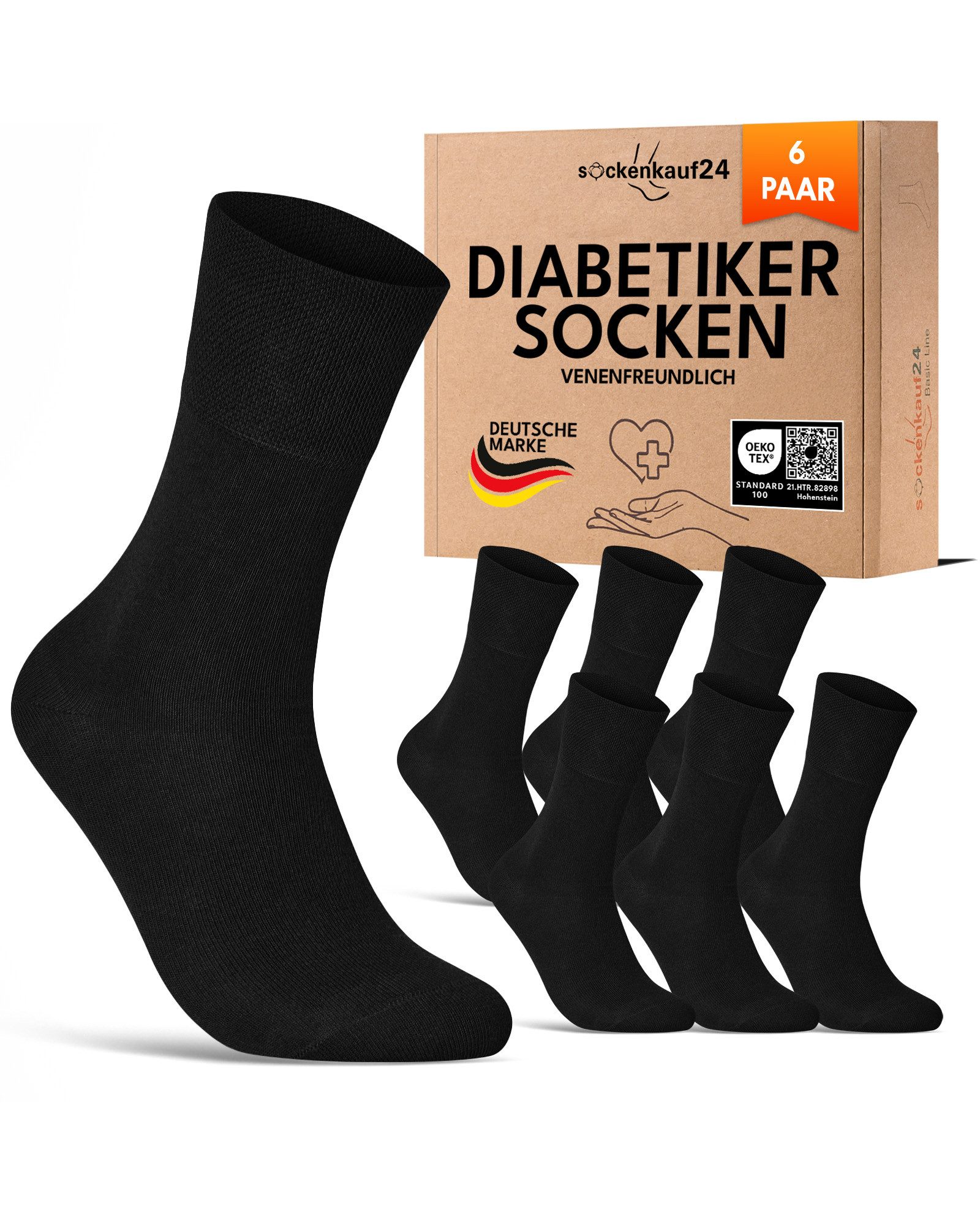 sockenkauf24 Diabetikersocken 97% Baumwolle ohne Gummibund & ohne Naht mit Komfortbund (6-Paar) Diabetiker Socken ohne Gummi für Damen & Herren