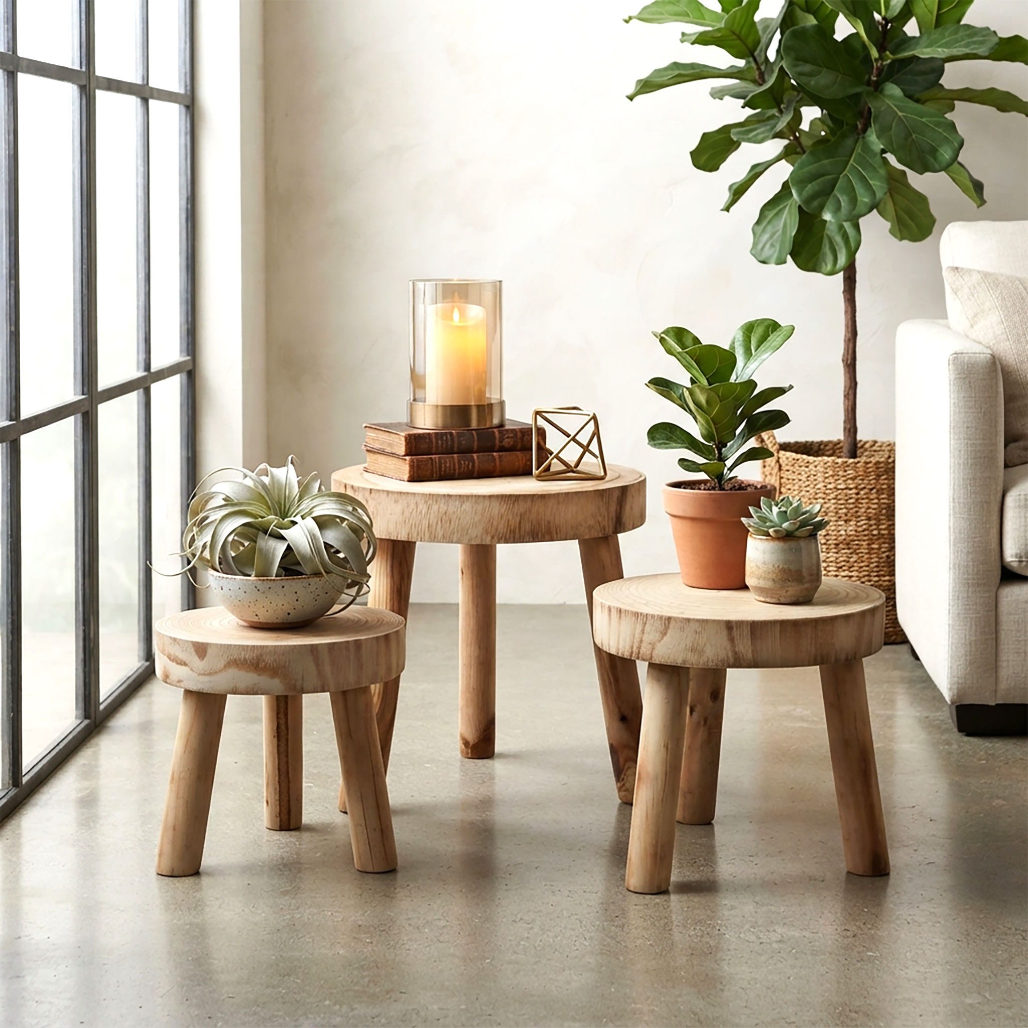 Spetebo Blumenhocker Pflanzenständer rund gebeizt 3er Set (Stück, 1 St., Set), Massivholz – Bild 5 von 5