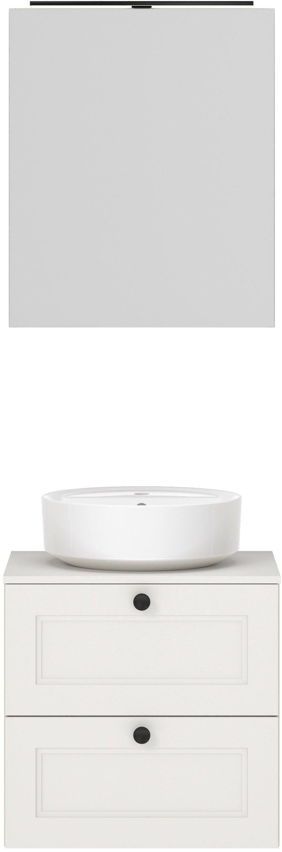 nobilia® Badmöbel-Set Cascada, (Set, 2-St., inkl. Aufsatzwaschbecken und Spiegelschrank mit Beleuchtung), vormontiert, mit Soft-Close, in vier Breiten