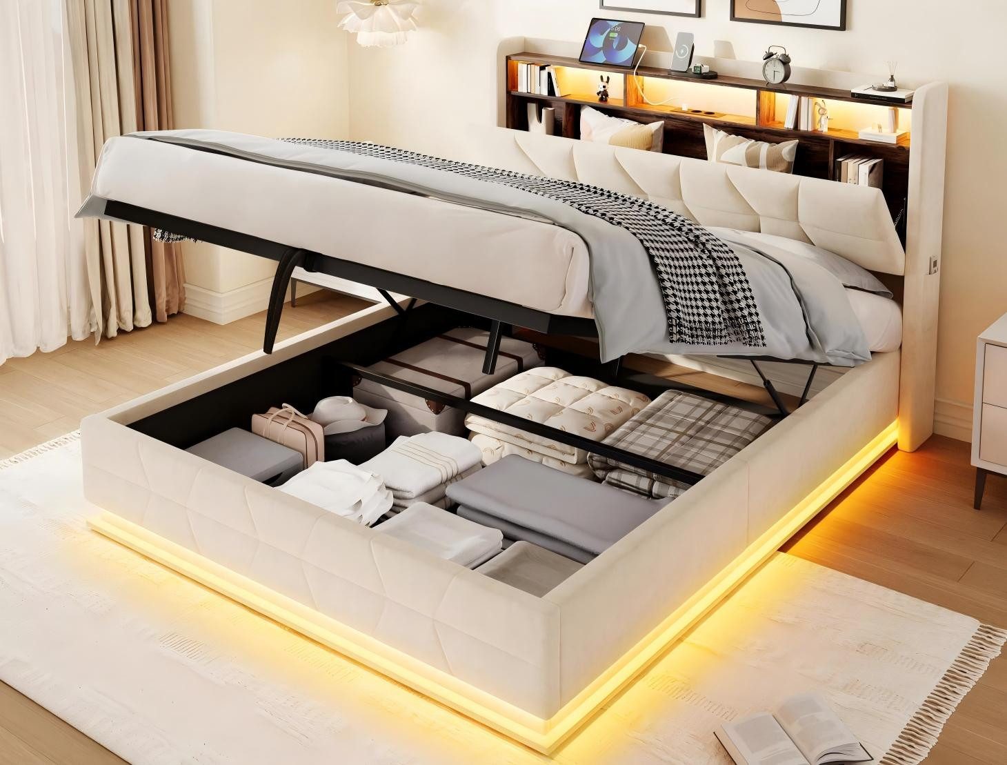 LVHOM Boxbett mit LED-Licht,multifunktionales Kopfteil,hydraulischem Stauraum,USB/-C (Samtstoff, USB-/Typ-C-Ladeanschlüsse, hydraulisches Stausystem, offenes Kopfteil, Seitentaschen für die Fernbedienung, Metallrahmen mit Holzlattenrost, 300 kg Belastbarkeit), Staubschutzhülle, geeignet für verschiedene Schlafzimmer