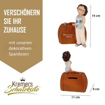 Kremers Schatzkiste Spardose Spardose Spardose Rentnerin mit Koffer 14 cm Rentenkasse Sparschwein