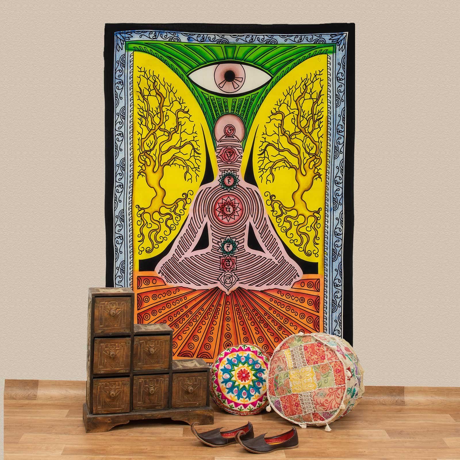 KUNST UND MAGIE Wandteppich Tuch Chakra Tagesdecke Wandbehang Deko Yoga Schwarzlicht ca.200x135cm