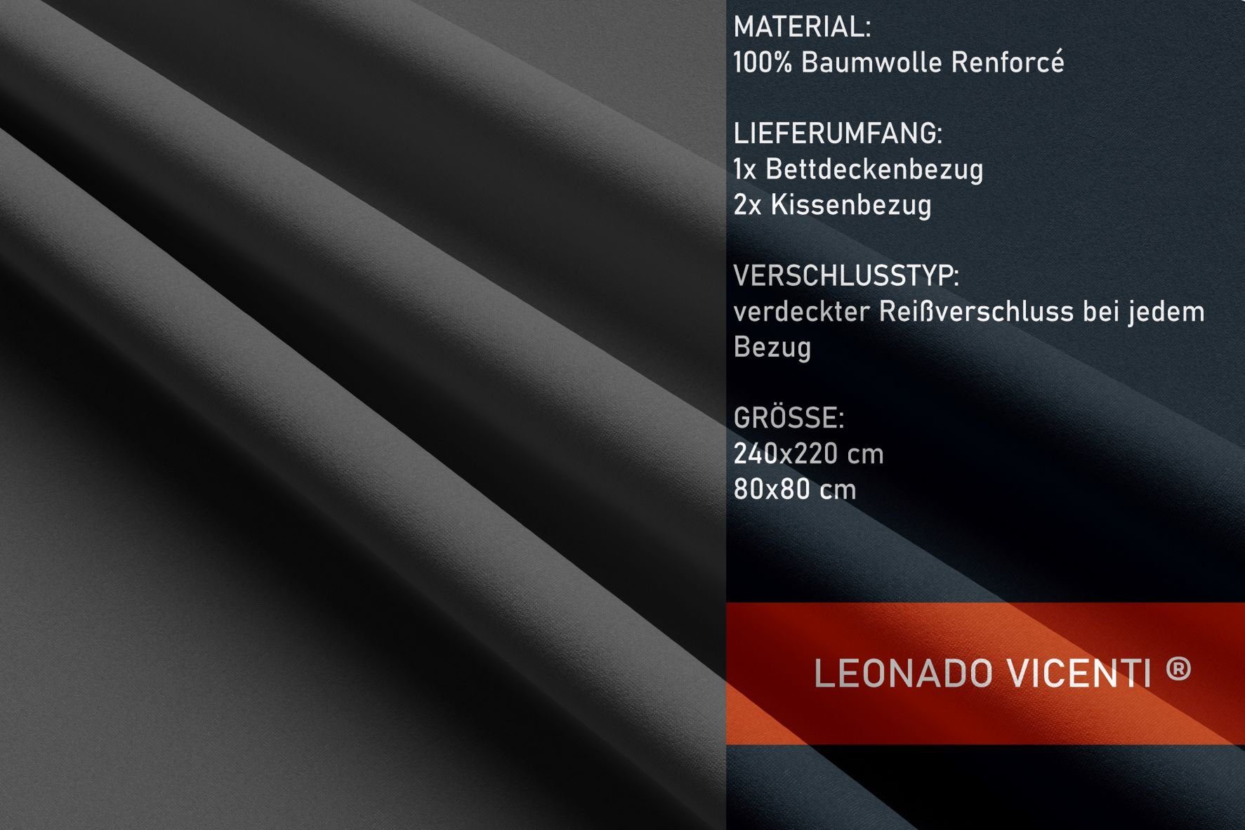 Leonado Vicenti Bettwäsche Baumwolle 135x200, 155x200, 155x220, 200x200, 200x220 oder 240x220, Renforcé, 3 teilig, Einfarbig mit Reißverschluss – Bild 4 von 5