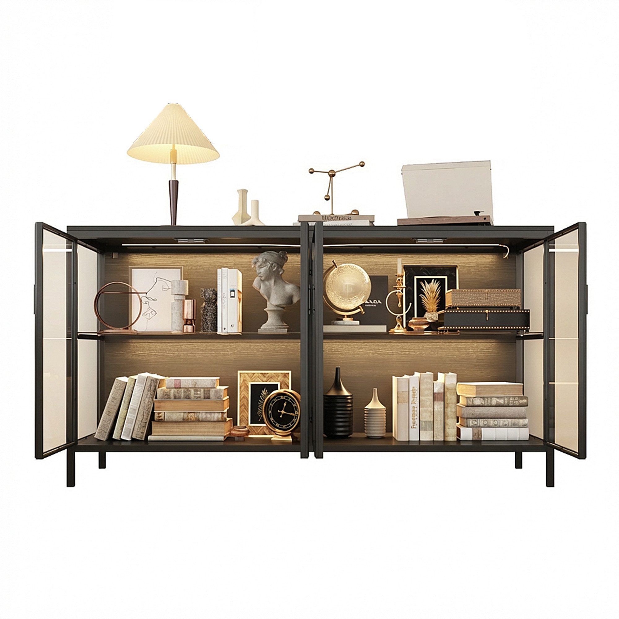 HOMSEE Vitrine mit LED-Spotlight Moderner Glasvitrine, 140×40×75 cm (1-St) Staubschutz Robuster Eisenrahmen Großzügiger Stauraum