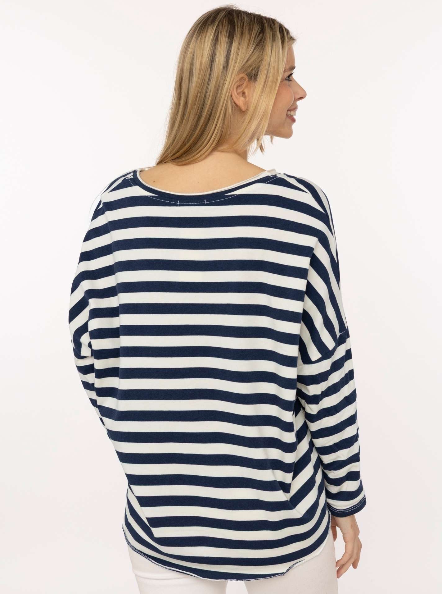 Zwillingsherz T-Shirt "Streifen & Jersey" Streifenmuster, V-Neck, offene Kanten für Used Look