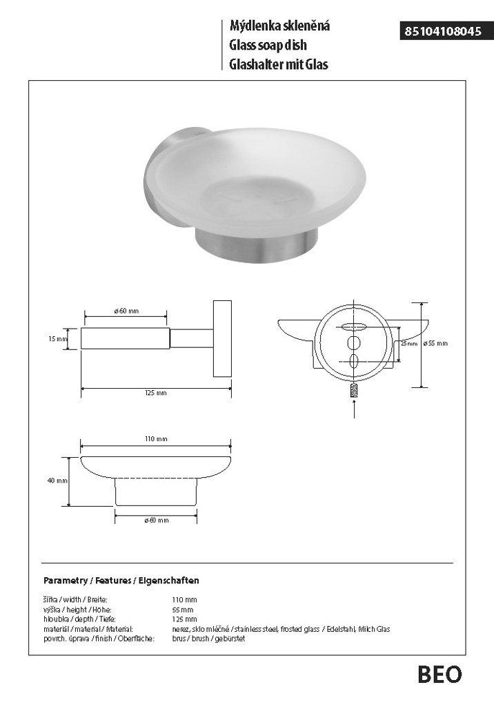 BRILLANTBAD® Seifenschale BEO Seifenablage Edelstahl Glas matt Bad & Küche >> Bohren / Kleben, Breite: 5.5 cm
