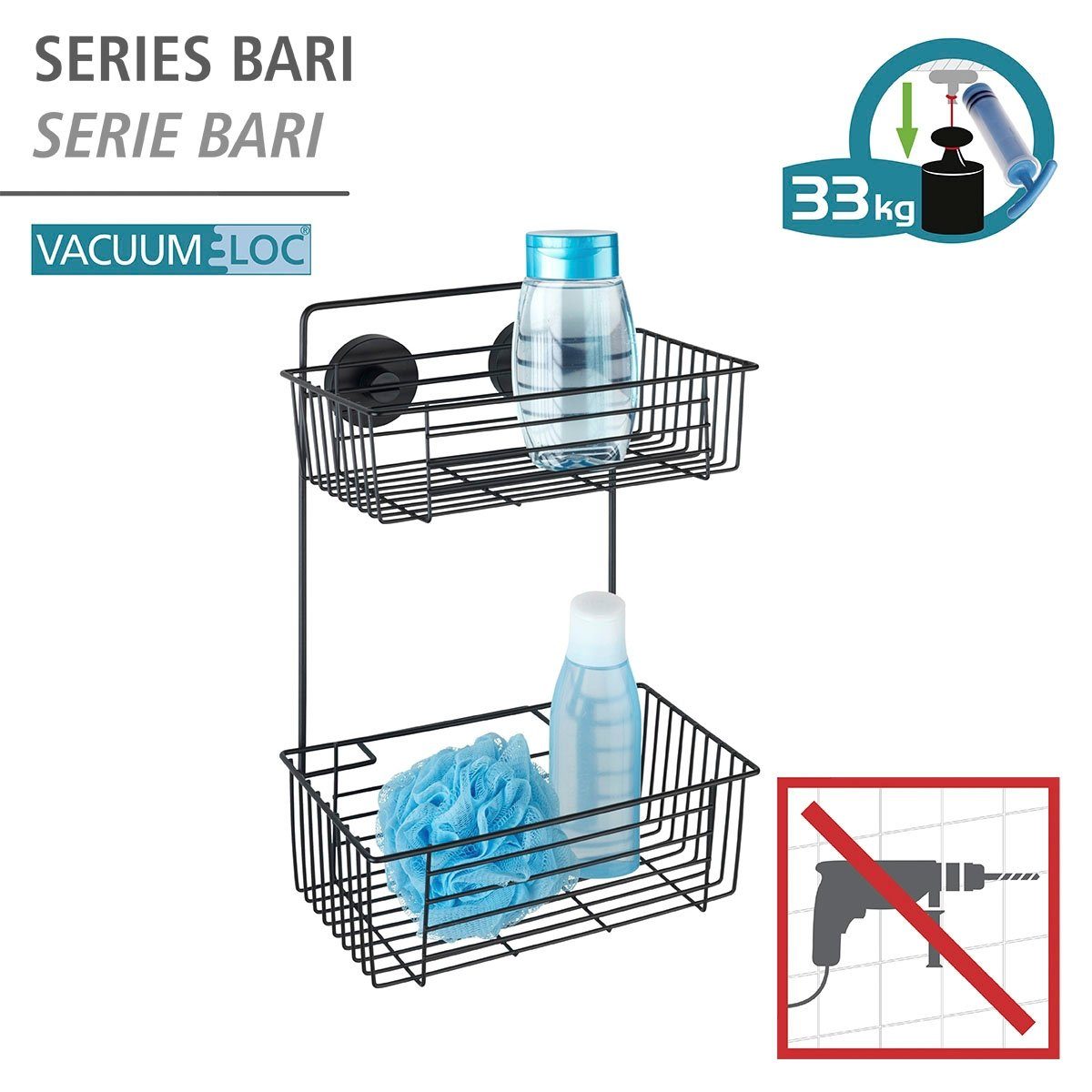 WENKO Duschregal Vacuum-Loc® Wandregal 2 Etagen Bari Schwarz, 2 Etagen