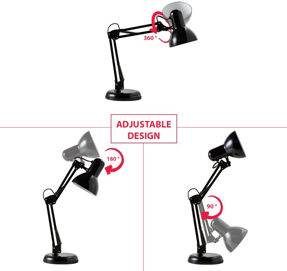 BK_TL1080 (max. 40W) mit Leuchtmittel, Tischleuchte Leselampe, ohne E14-Fassung, Schreibtischlampe, Metall, Retro ohne Schwarz, B.K.Licht Leuchtmittel Gelenk-Arm,