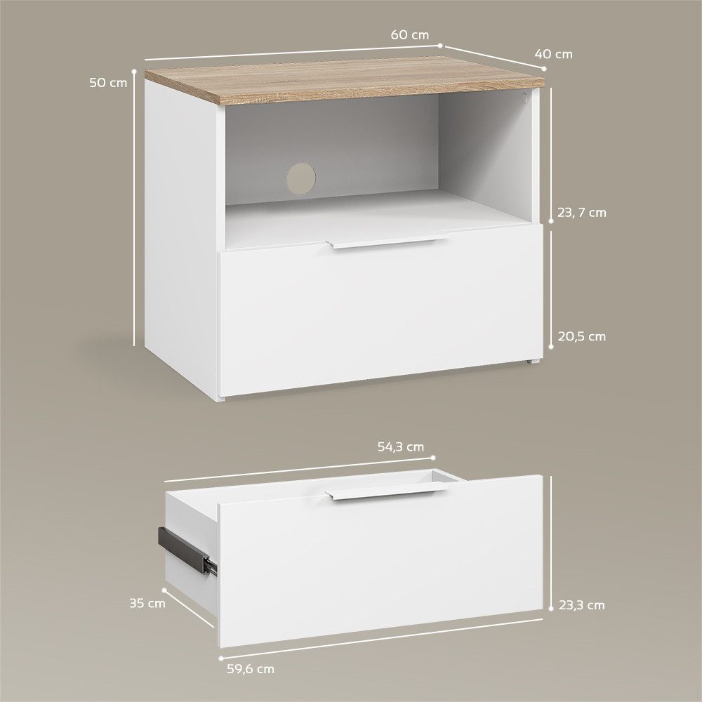 Livinity® Lowboard Piave, Weiß/Sonoma, 60 x 50 cm mit Schublade (1 St)
