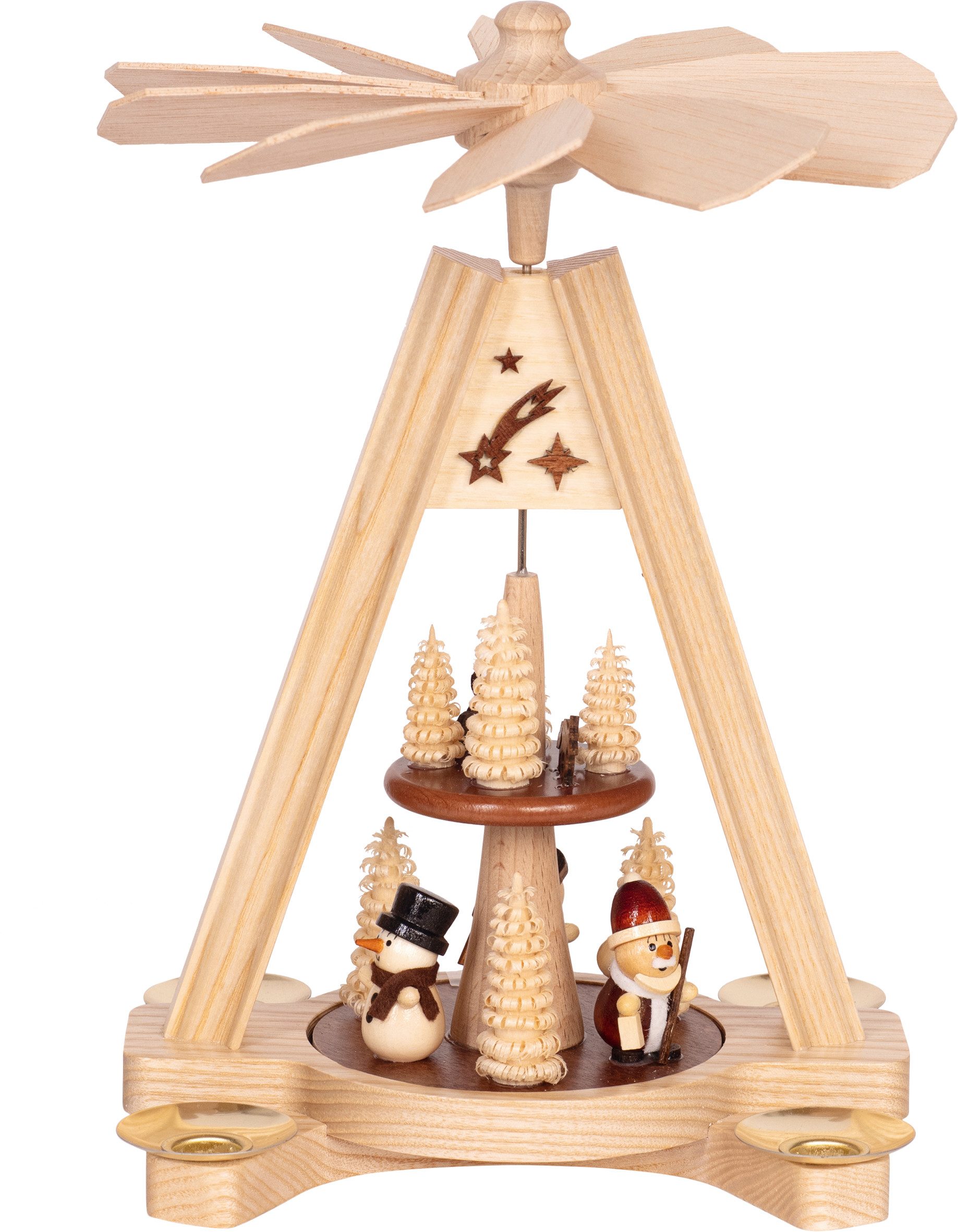 SAICO Original Weihnachtspyramide Premium Tischpyramide, 2-stöckig, Schneemann und Weihnachtsmann, natur, mit farbigen Akzenten für 4 Pyramidenkerzen, HxØ: 24x18 cm