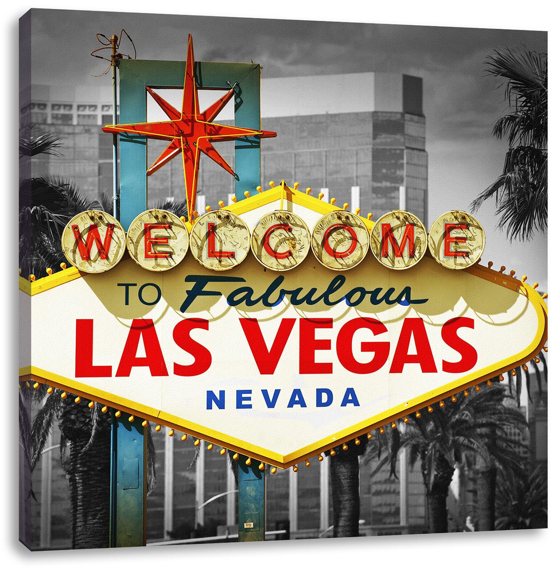Pixxprint Leinwandbild Ortseingangsschild Las Vegas, Ortseingangsschild Las Vegas (1 St), Leinwandbild fertig bespannt, inkl. Zackenaufhänger