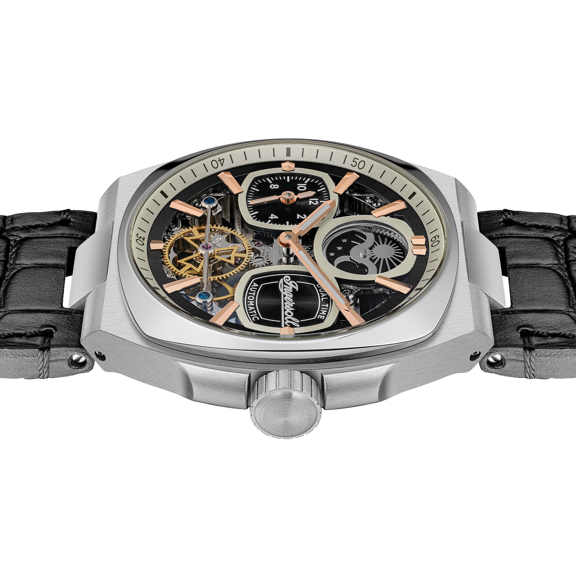 Ingersoll Automatikuhr The Spirit I15801, Armbanduhr, Herrenuhr, Mechanische Uhr, Lederarmband, analog, Dualzeit