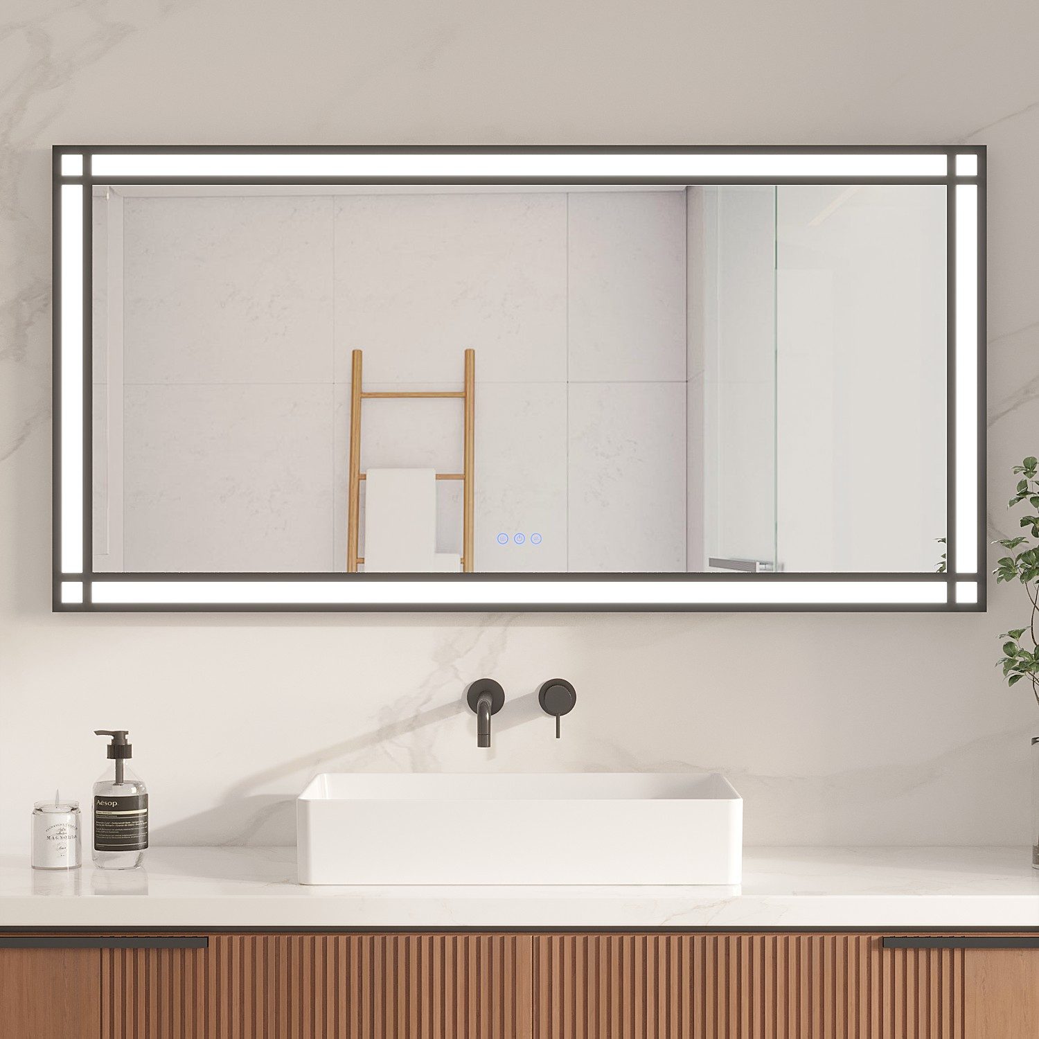 AQUALAVOS Badspiegel Badspiegel mit Beleuchtung 140x70 160x70 cm für Doppelwaschbecken IP44, Anti-Fog Dimmbar Memory-Funktion Touch/Wandschalter
