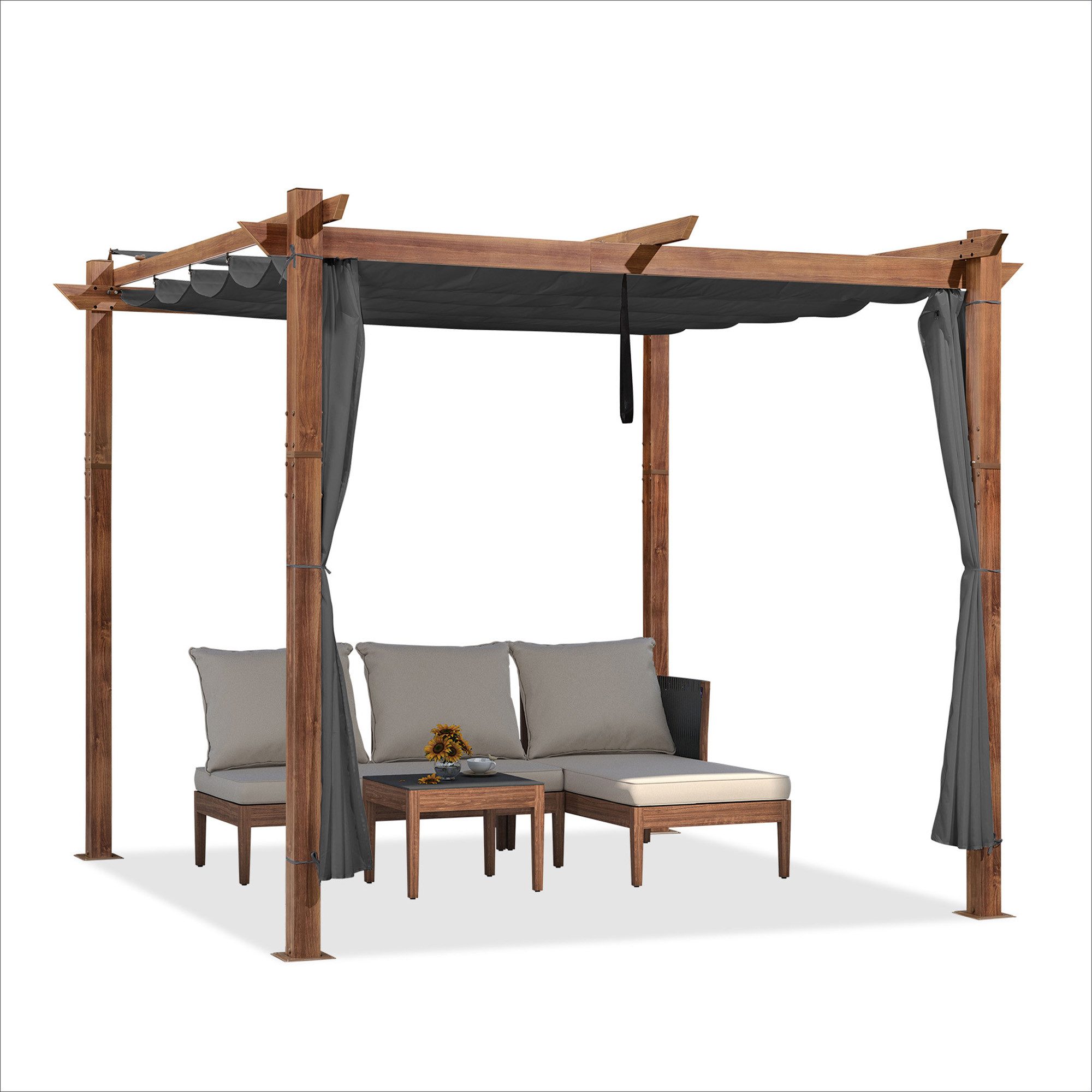 PURPLE LEAF Pergola Pergola mit Schiebedach in Holzoptik und Seitenmarkise für Terrasse, BxTxH: 300x300x245 cm, (Komplettes Set, 1 Pergola + 1 Seitenvorhang), Freistehende Pergola mit manuellem Schiebedach und Seitenvorhang