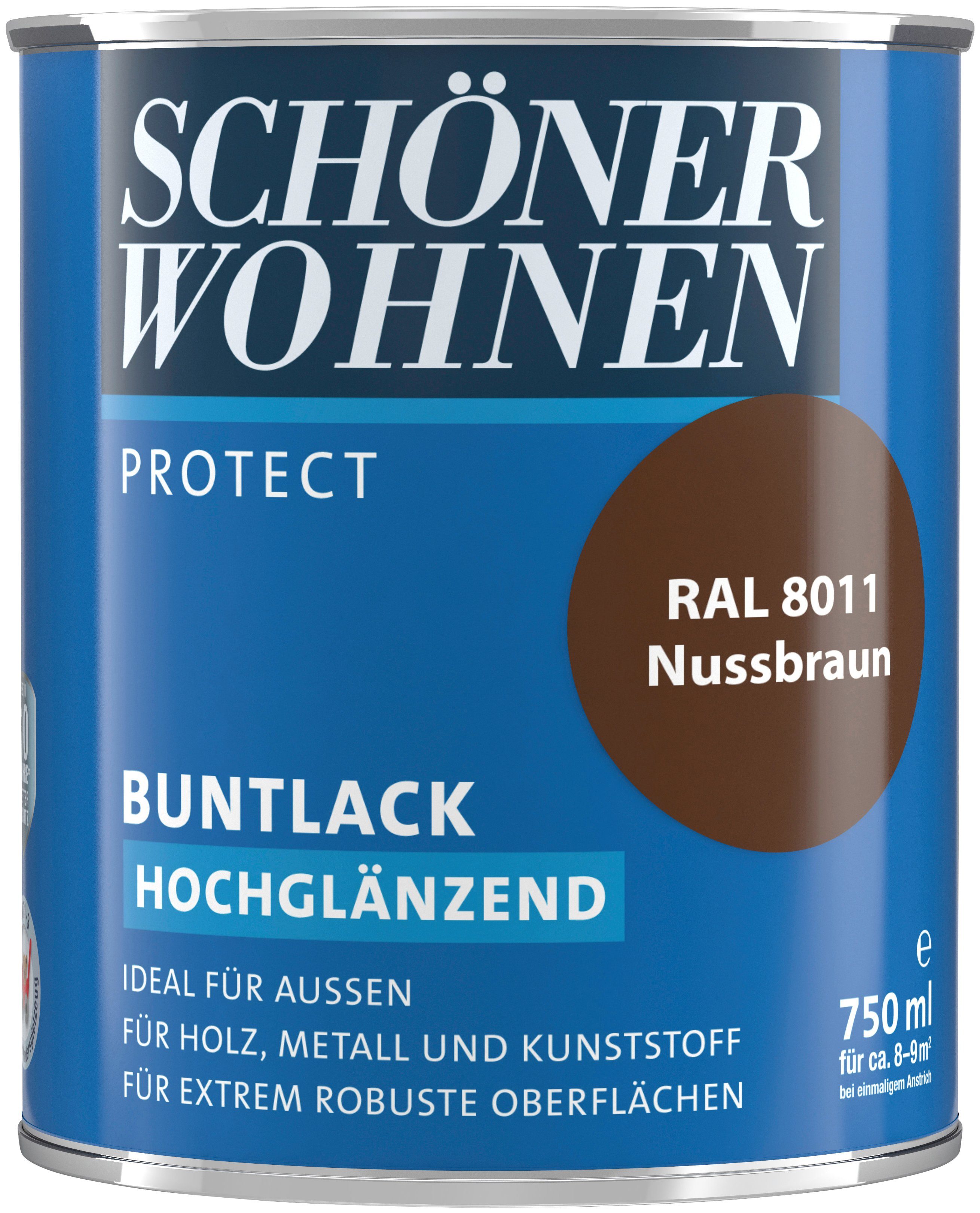 SCHÖNER WOHNEN FARBE Lack Protect Buntlack, 750 ml, nussbraun RAL 8011, hochglänzend, ideal für außen