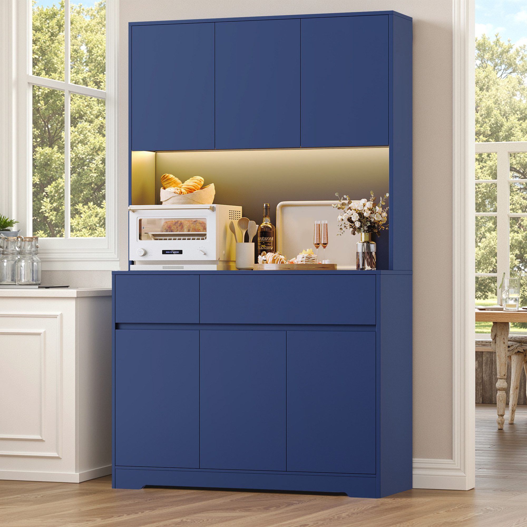 Homfa Küchenbuffet Küchenschrank mit LED Buffetschrank mit Steckdosen Hochschrank mit Arbeitsplatte, 6 Türen und Schubladen