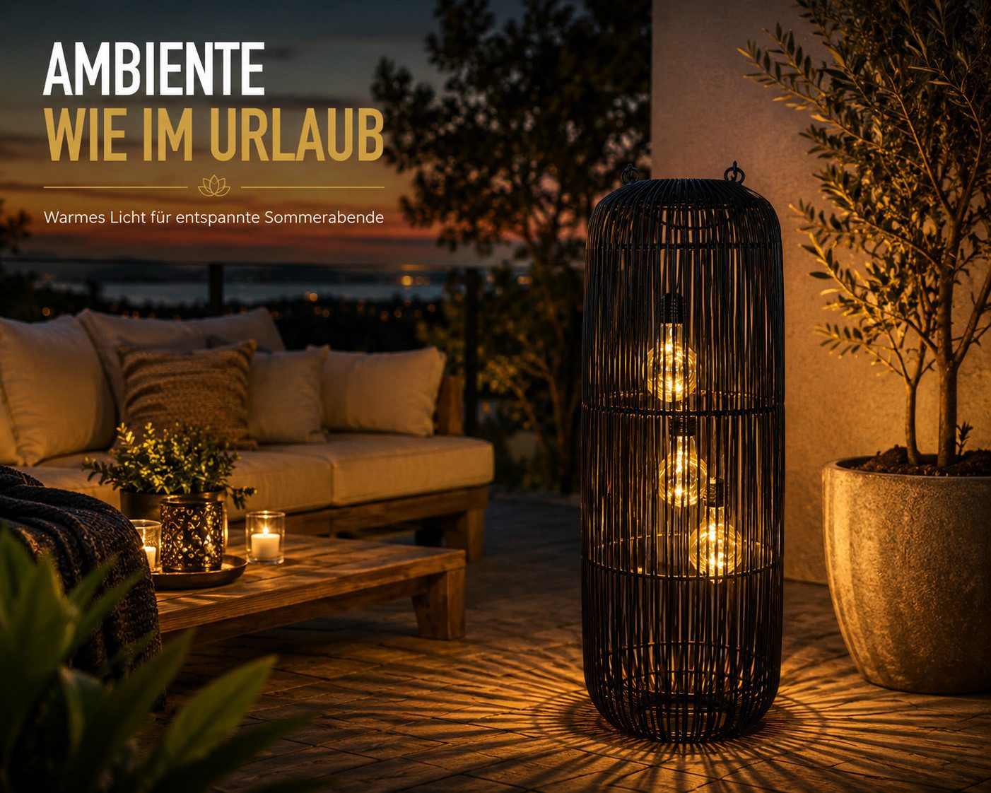 formano LED Laterne Solarlaterne Außen Garten Rattan Look Laterne 60 cm schwarz, LED fest integriert
