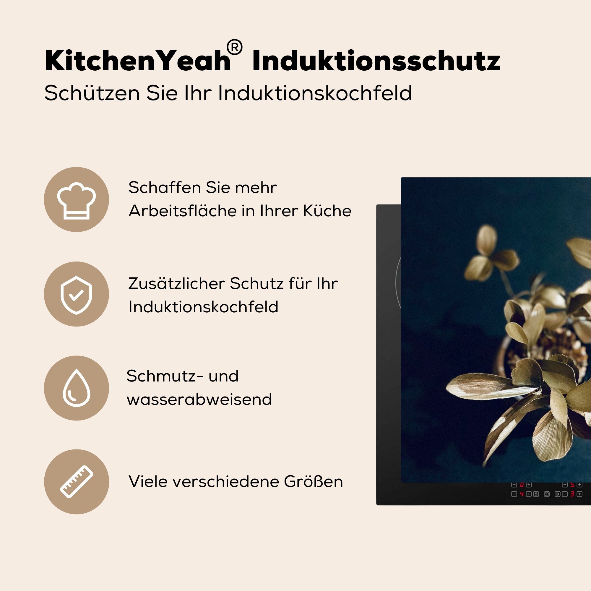 Vinyl, Blume, (1 Arbeitsplatte MuchoWow Ceranfeldabdeckung, 78x78 Goldene cm, tlg), küche für Herdblende-/Abdeckplatte