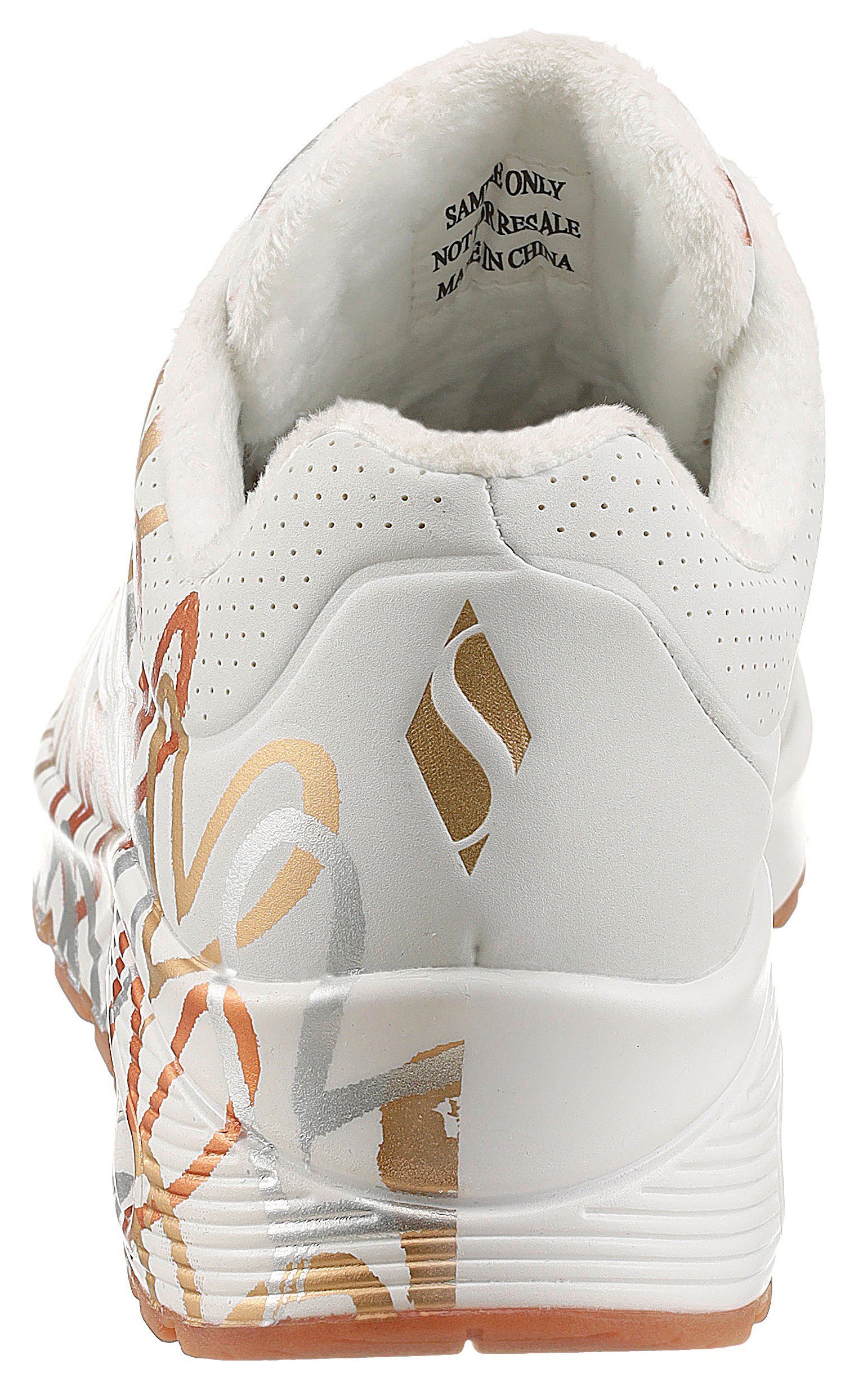 METALLIC Sneaker trendigen - LOVE Skechers UNO mit weiß-goldfarben Metallic-Print