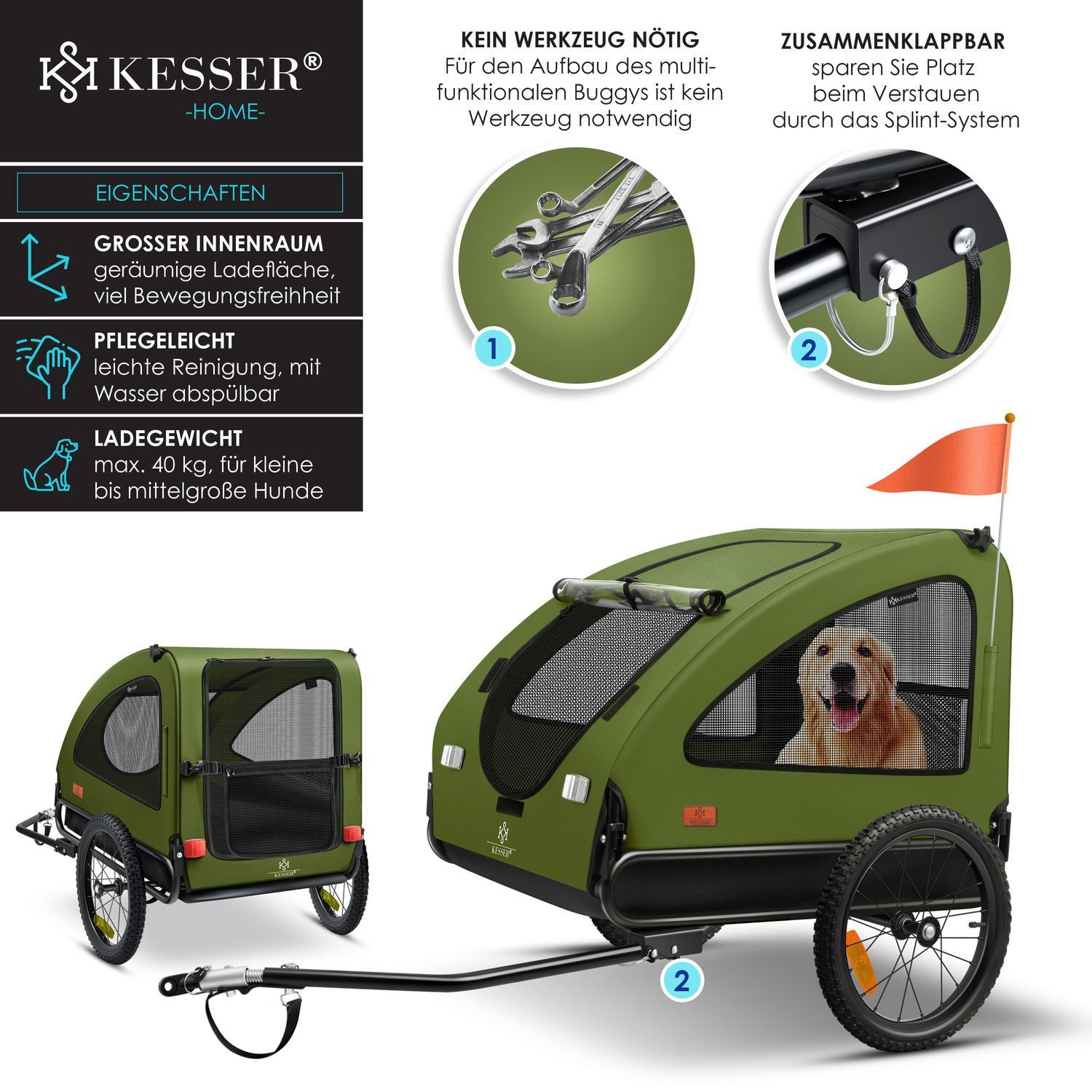 KESSER Fahrradhundeanhänger, Hundeanhänger Boxer 2-in-1 Hundebuggy Fahrradanhänger groß